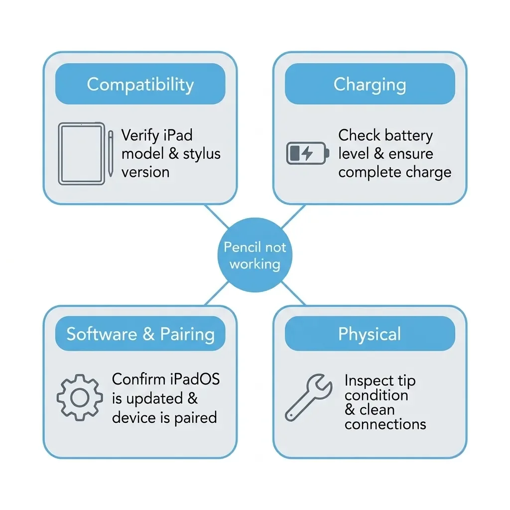 Four-box diagram of Apple Pencil failure causes: compatibility, charging, software, physical