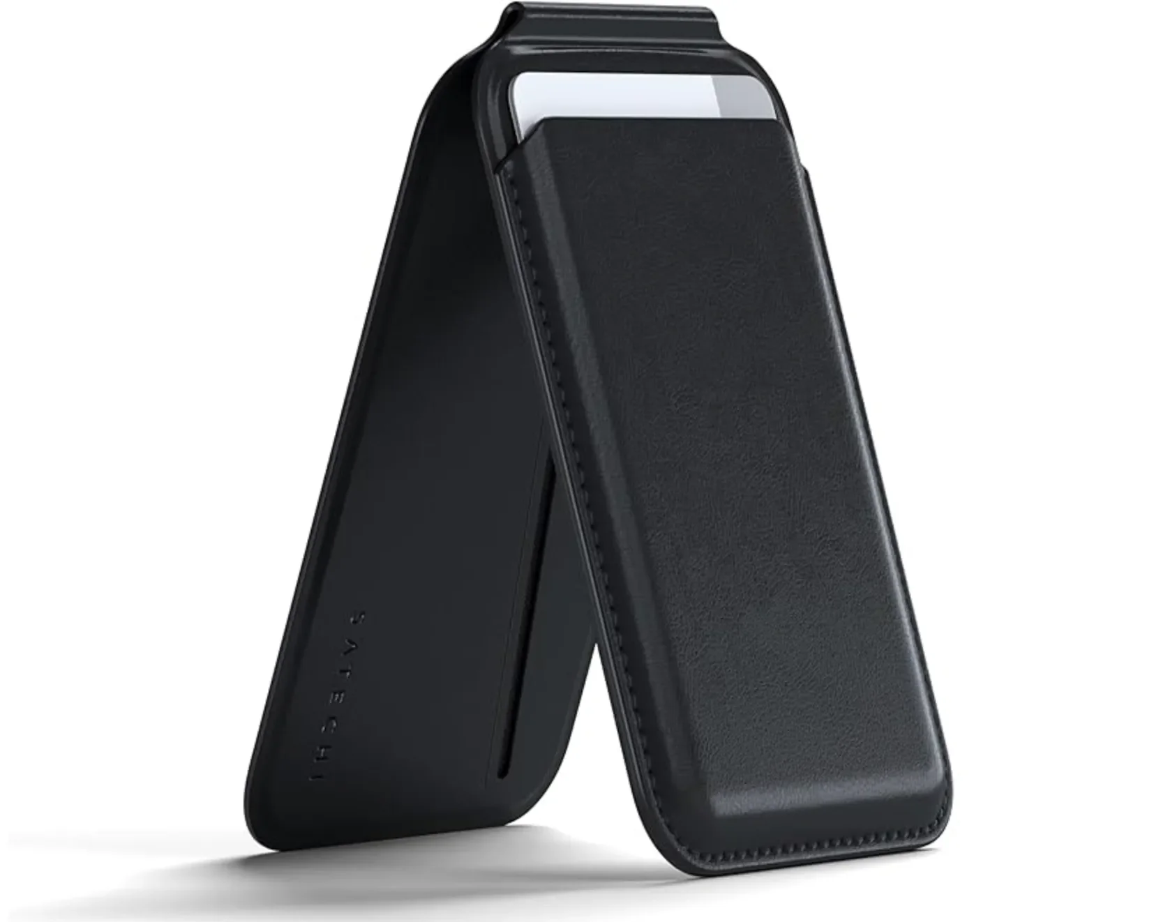 Satechi vegan-leather wallet folded into landscape stand beside an iPhone