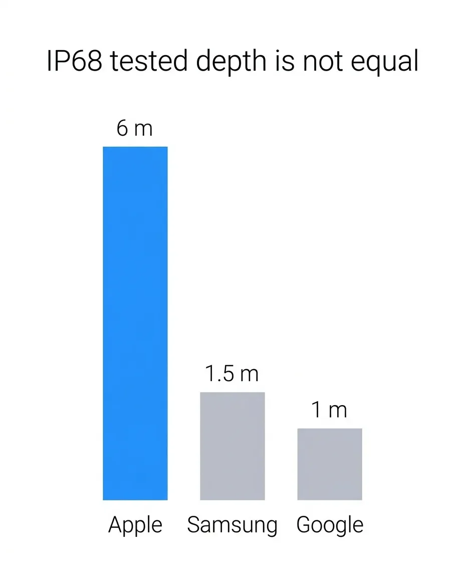 Bar chart comparing IP68 tested depth: Apple 6 meters, Samsung 1.5, Google 1 meter