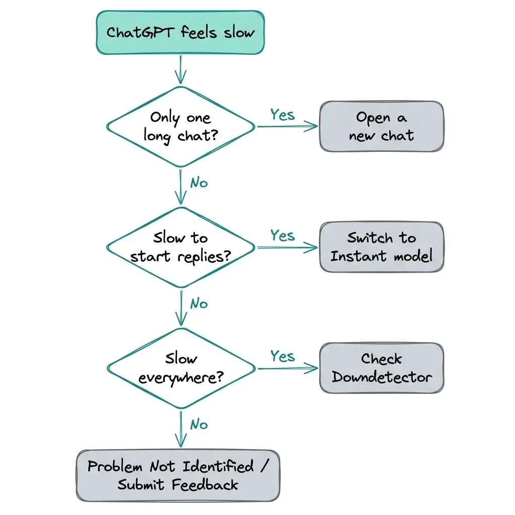 Troubleshooting flowchart routing slow ChatGPT symptoms to new chat, Instant model, or status check