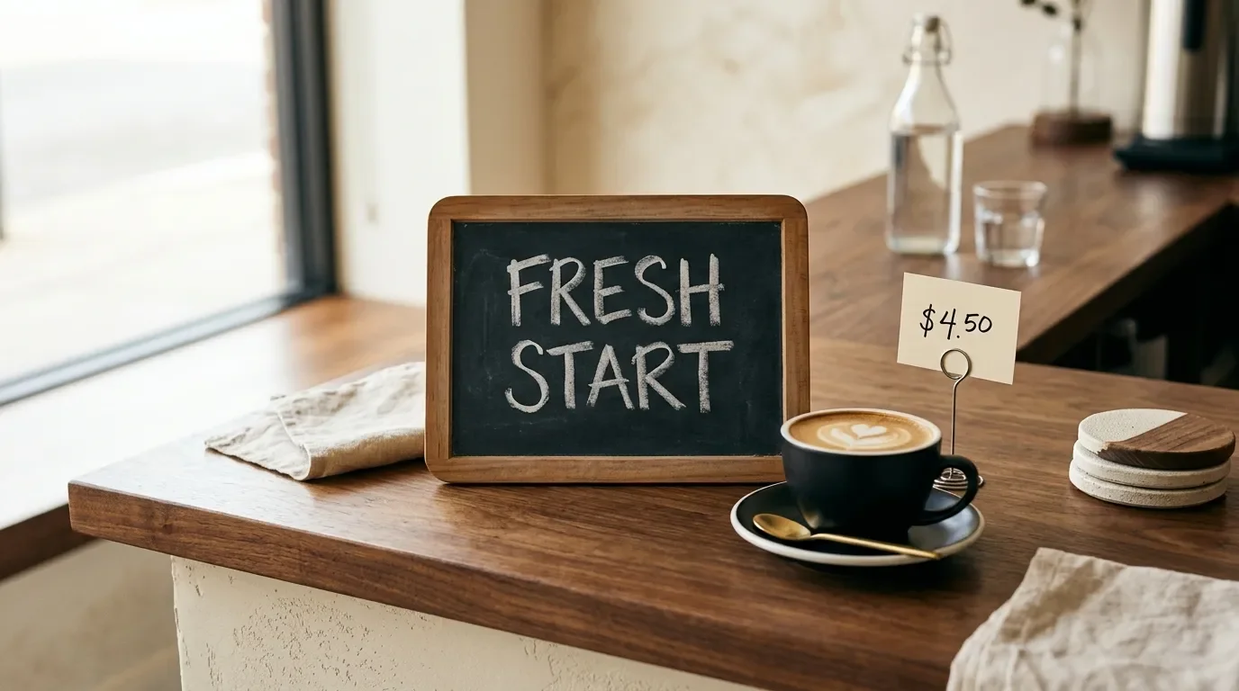 Editorial coffee-shop counter with readable FRESH START sign and price tag generated by gpt-image-2