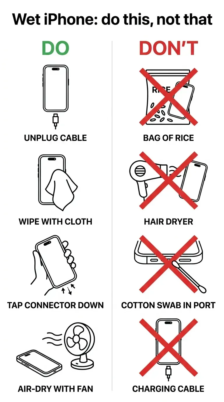 Two-column do and don't guide for drying a wet iPhone with simple icons