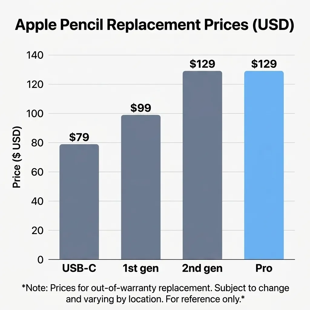 Bar chart comparing Apple Pencil replacement prices across the four models