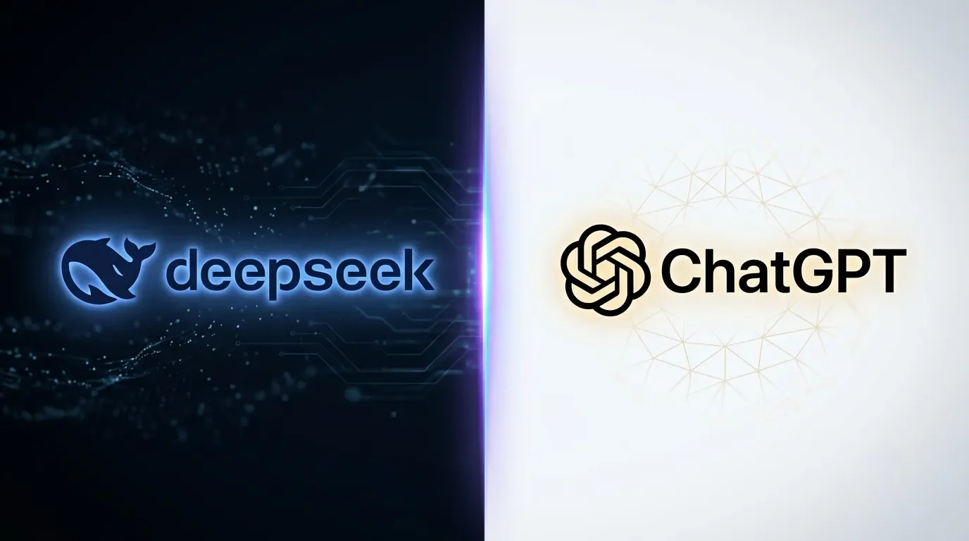 Split conceptual illustration contrasting two rival AI systems facing off in 2026: DeepSeek on the left and ChatGPT on the right.
