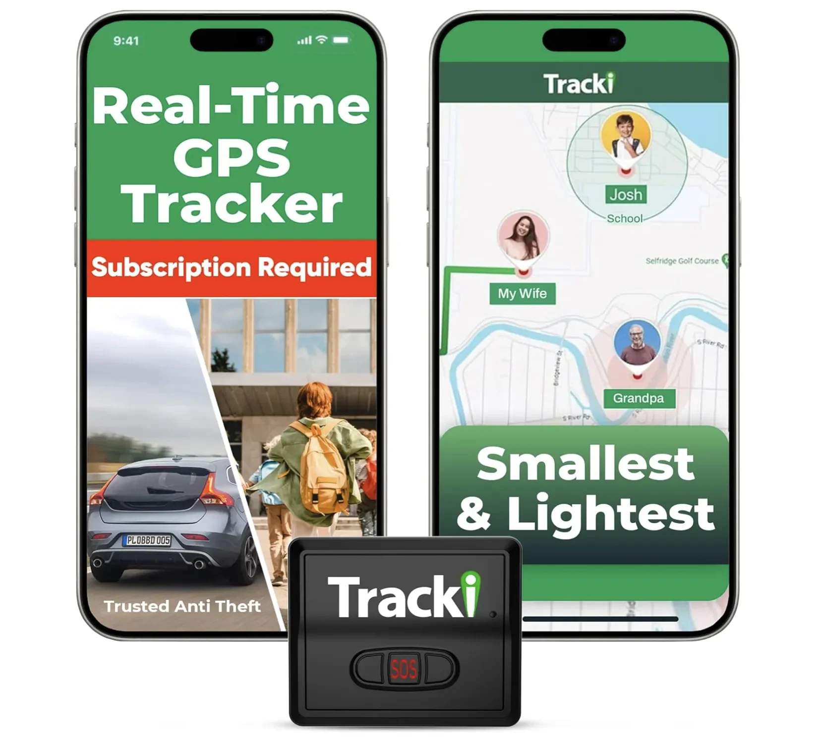Tracki GPS tracker on white background with two iPhones