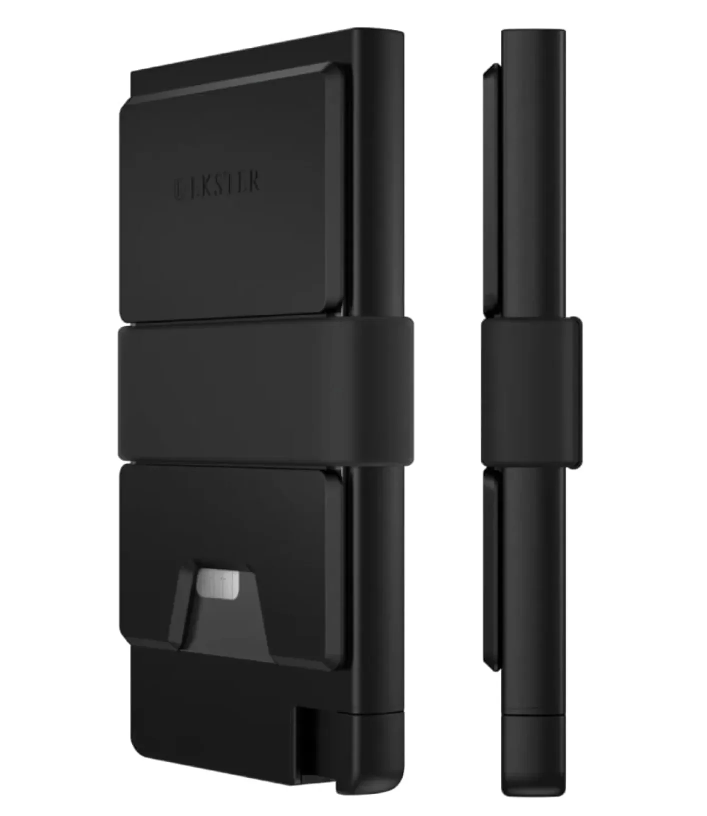 Black aluminium Ekster Cardholder Pro with cards fanned out from trigger