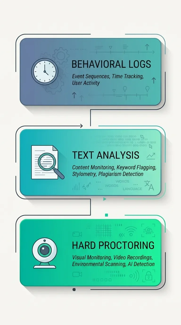 Three stacked layers of Canvas monitoring from native logs to add-on proctoring