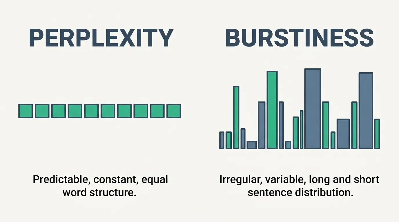 Two-panel diagram contrasting smooth AI text patterns with jagged human sentence variation