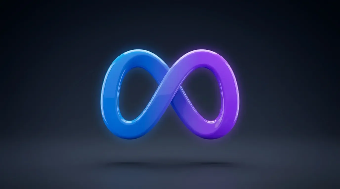 Meta AI app icon with blue-purple infinity swirl on dark cinematic background