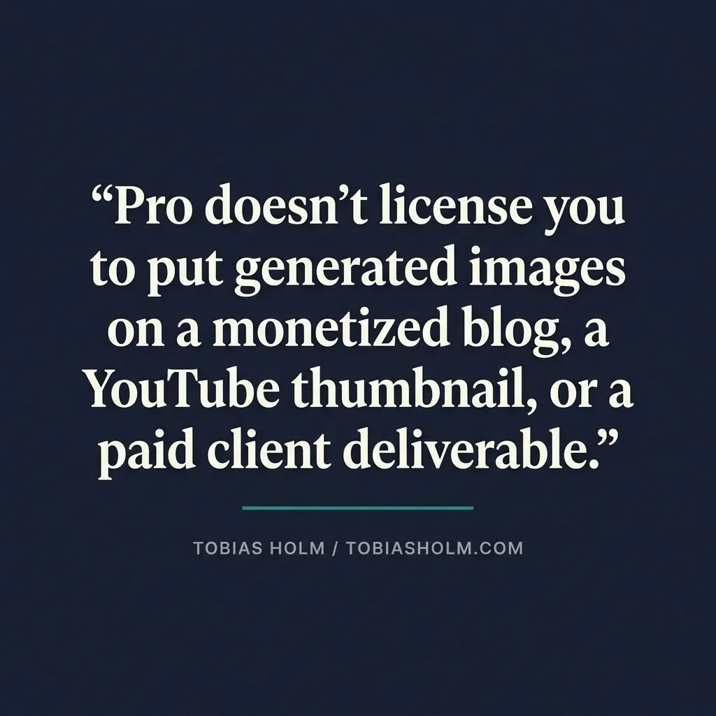 Pull-quote graphic noting Perplexity Pro grants no commercial image rights