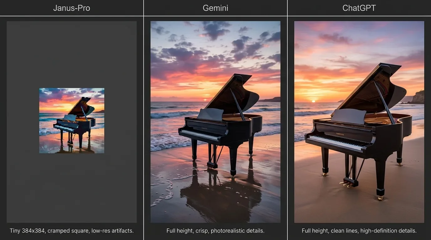 Grand piano on beach prompt generated by Janus-Pro, Gemini, and ChatGPT side by side