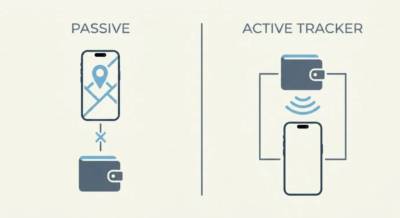 Diagram comparing passive last-seen Find My against an active rechargeable Bluetooth tracker