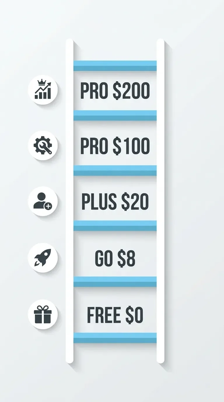 Vertical price ladder showing ChatGPT Free, Go, Plus and Pro monthly costs