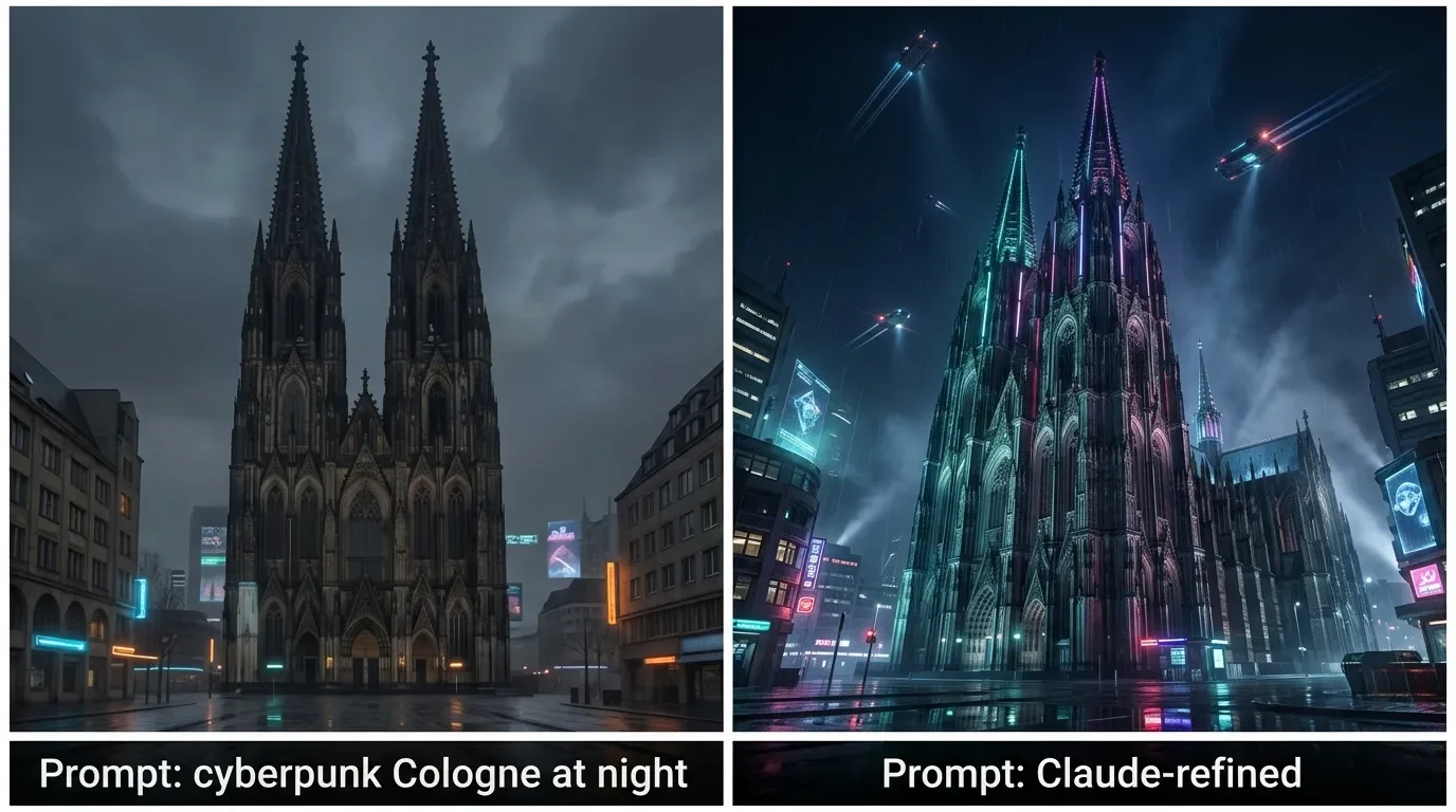 Two Midjourney outputs of a cyberpunk Cologne cathedral, naive prompt on the left, Claude-refined prompt on the right