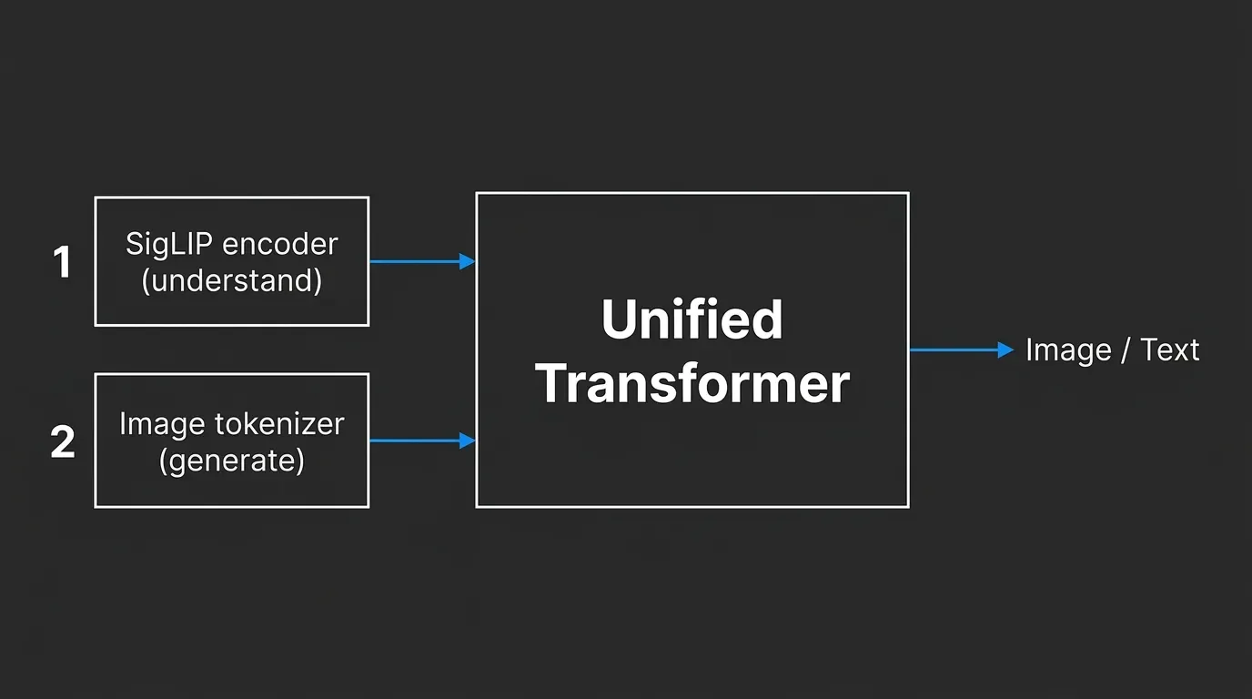 Janus-Pro architecture diagram showing separate vision encoder and image tokenizer feeding one transformer