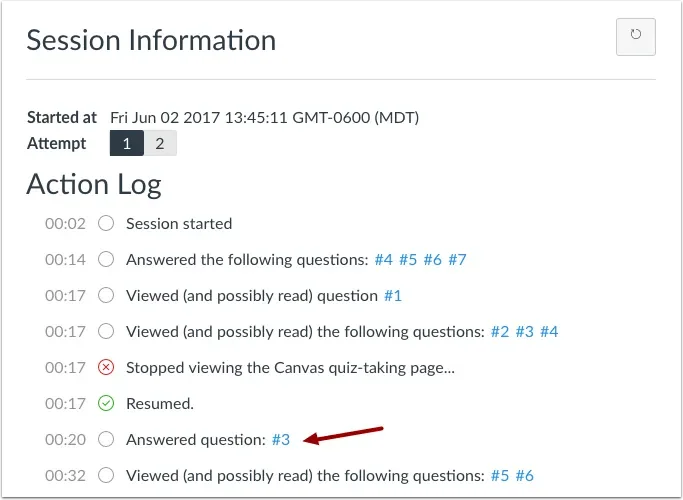 Canvas quiz log with stopped-viewing entries, one annotated as a harmless pause