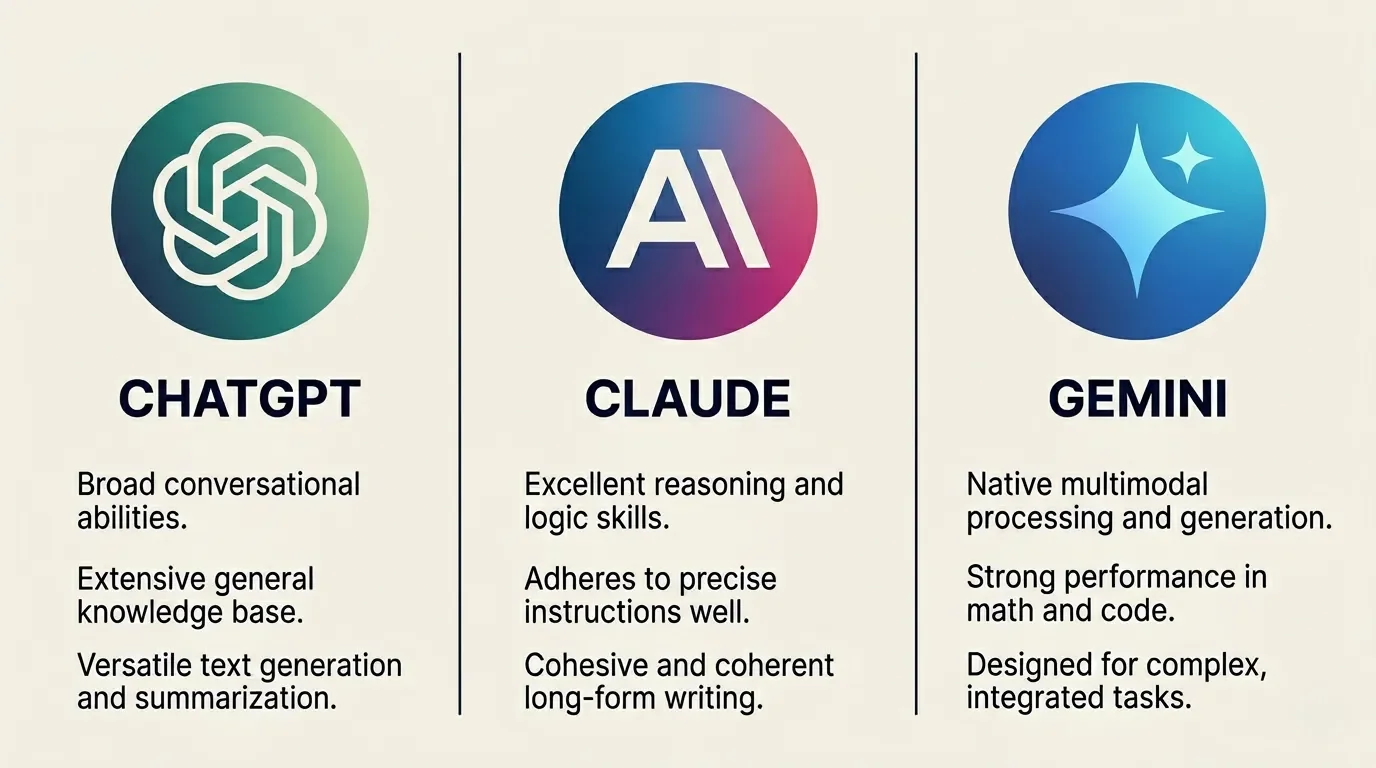 Three side-by-side cards comparing ChatGPT, Claude, and Gemini with each model's main strength