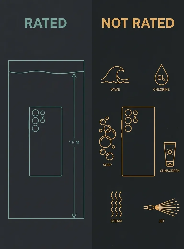 Comparison of Samsung's still-water lab test against real-world salt, chlorine and steam exposures