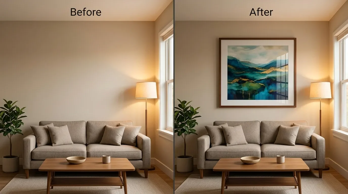 Living room before and after, with Gemini adding framed wall art on the right