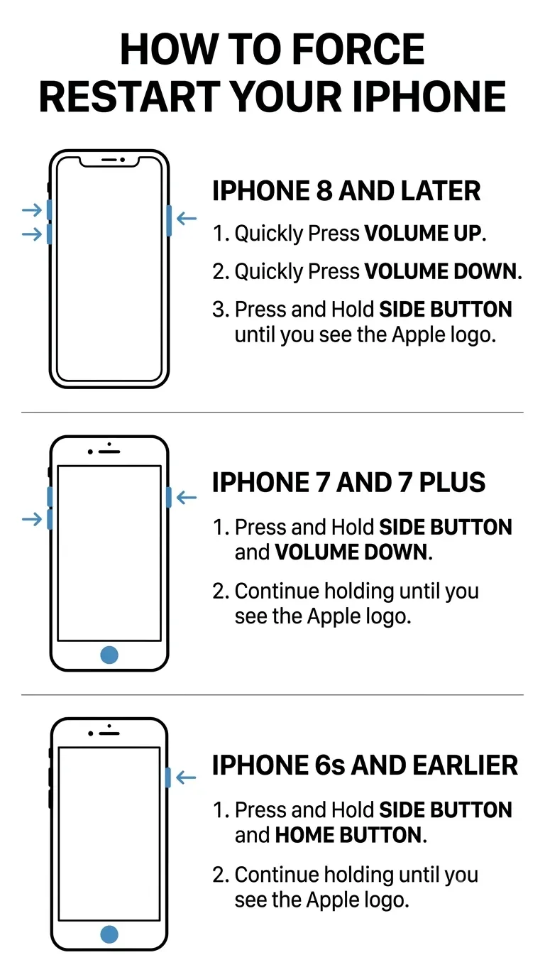 Chart comparing iPhone force restart button combinations across three model generations
