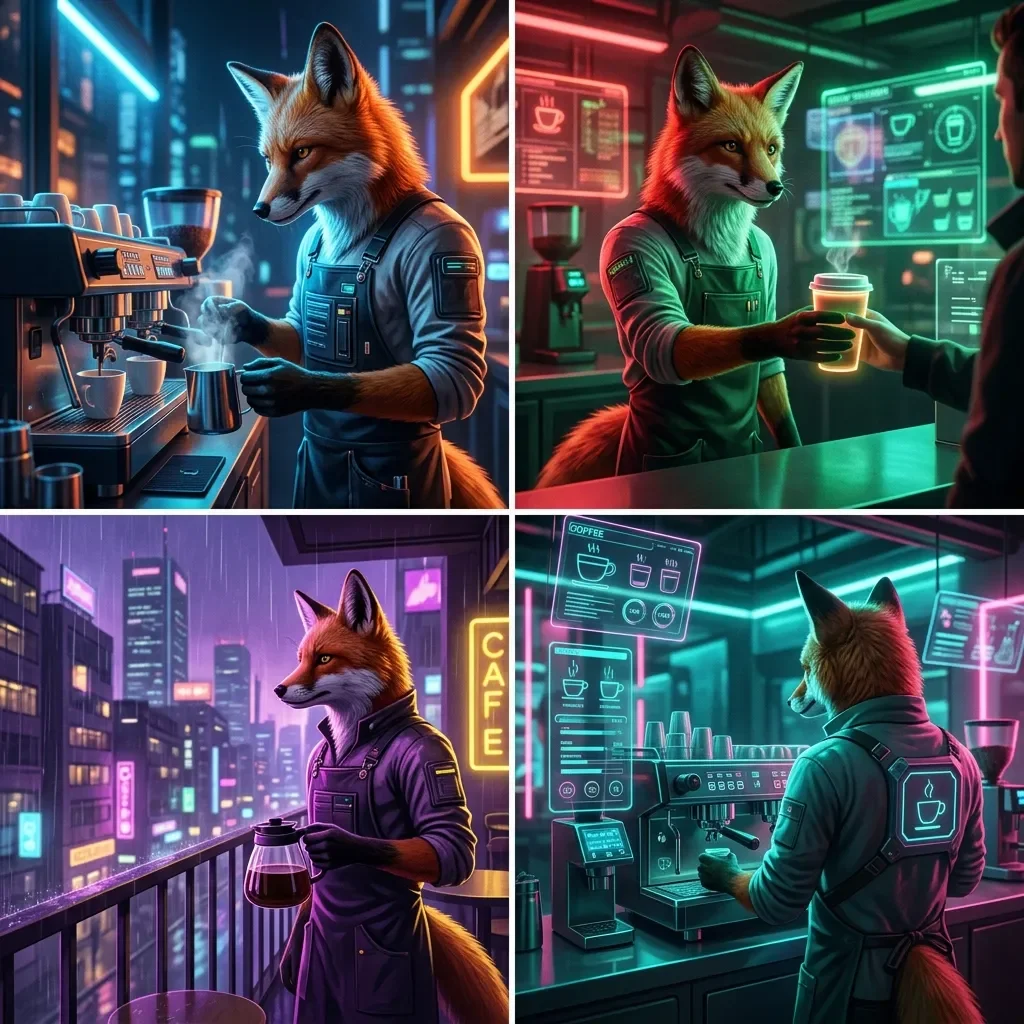 Four-panel grid of cyberpunk fox barista images from one Gemini prompt