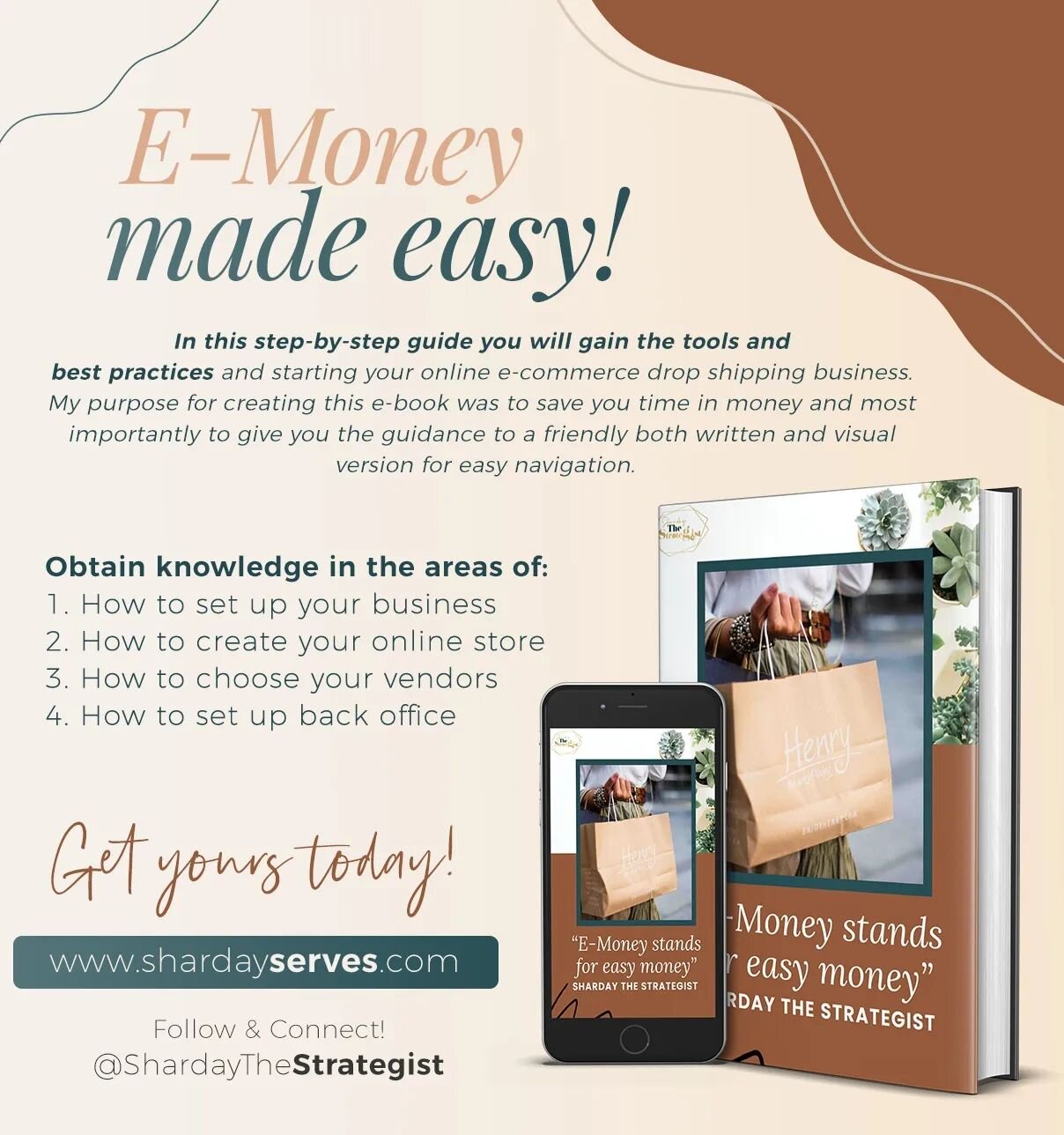The &ldquo;E- money stands for EASY money &rdquo; E-book is Available Now! 💰 📖 

In this Guide, I share my step by step process as a beginner to launch your own drop shipping business!

Click To Download Your Order Now! www.ShardayServes.com 📱 ⬇️
