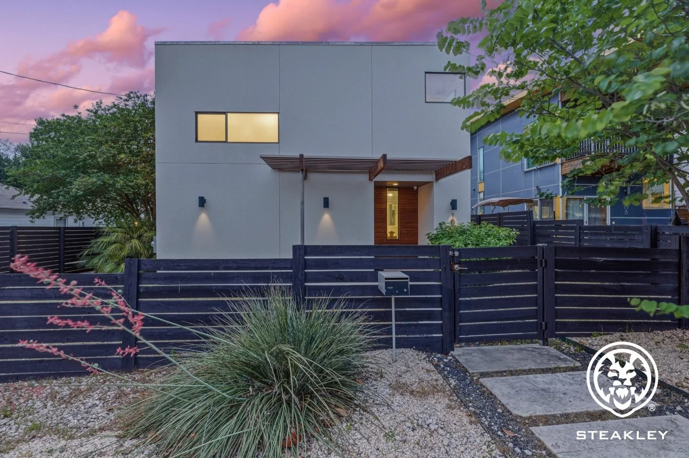 East Austin, done right.
1606 Salina is a fully custom modern home on a corner lot &mdash; smart home integration, concrete and eucalyptus floors, quartz countertops, frameless glass, and a xeriscaped yard built for actual life. Private gate. Alley a