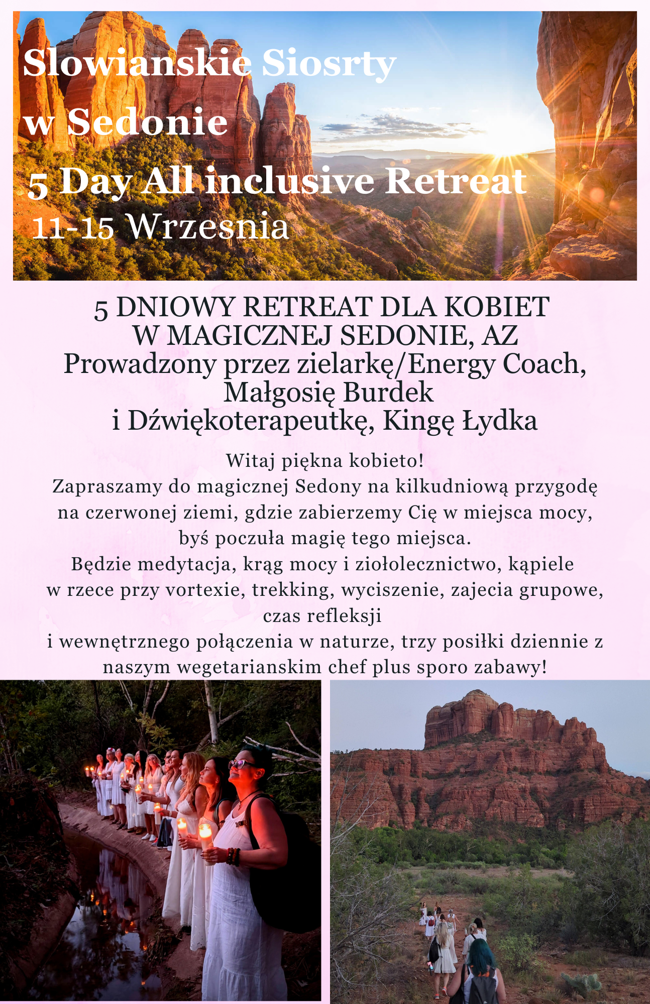A promotional poster for a five-day women's retreat in Sedona, Arizona, featuring the red rock formations of Sedona at sunset, with images of women holding candles by a creek and walking through a rugged landscape with red rocks, and text in Polish describing the retreat's details and activities.