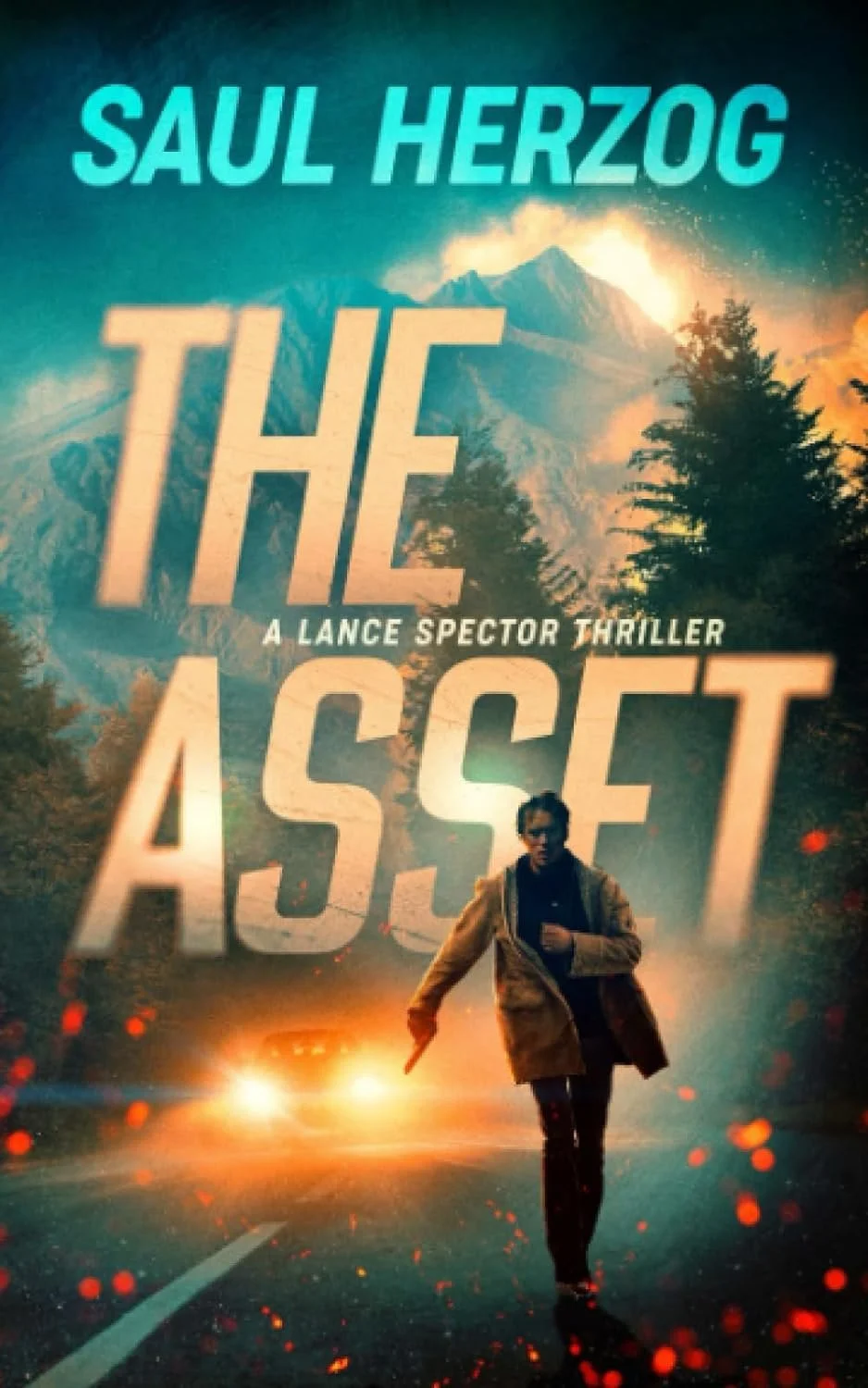 Book cover for 'The Asset: A Lance Spector Thriller' by Saul Herzog, featuring a man running from a car on a forested road at night.
