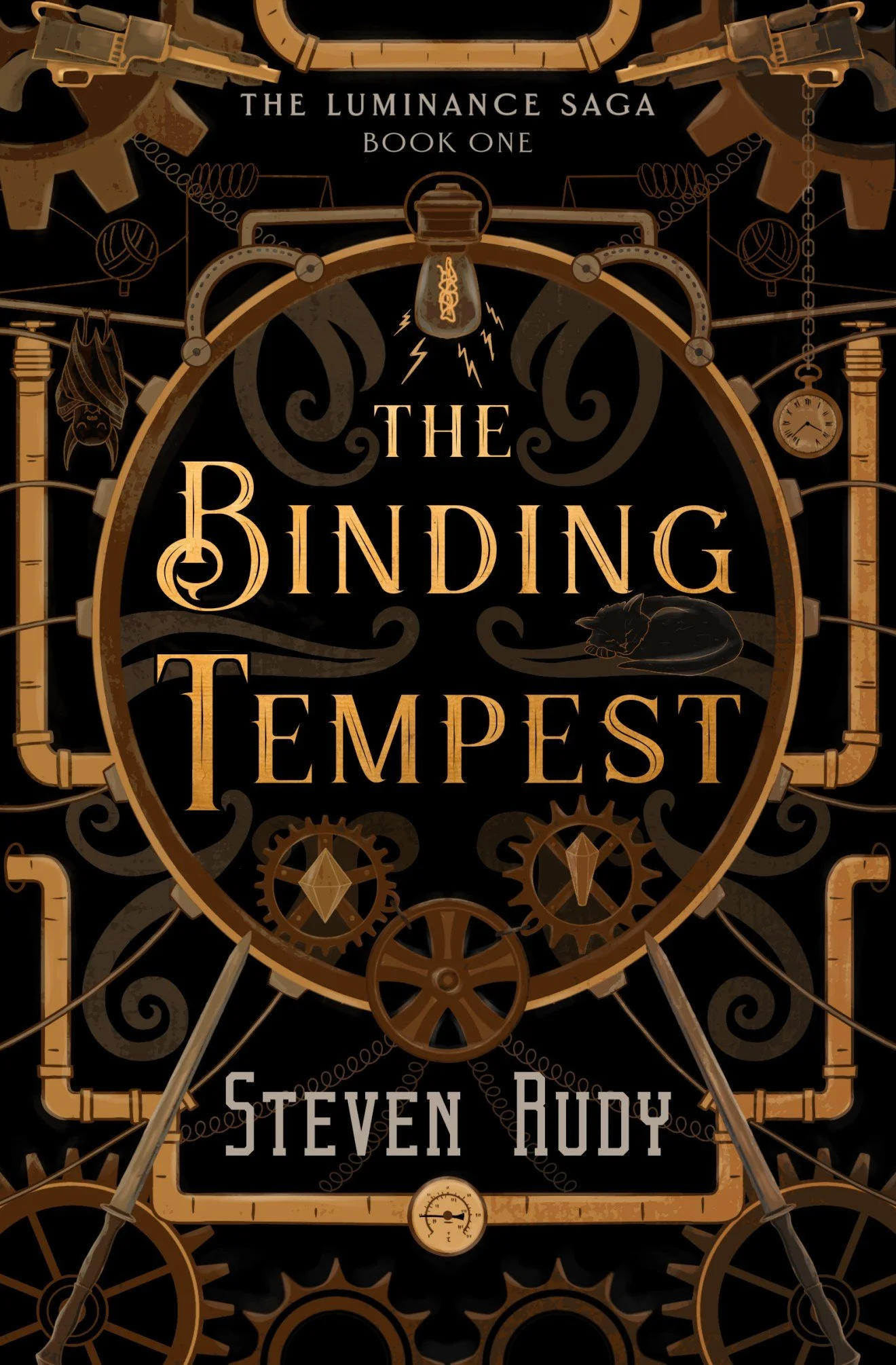 Book cover of 'The Binding Tempest' by Steven Rudy, featuring steampunk elements such as gears, clockwork, and a lightbulb, with the subtitle 'The Luminance Saga Book One.'