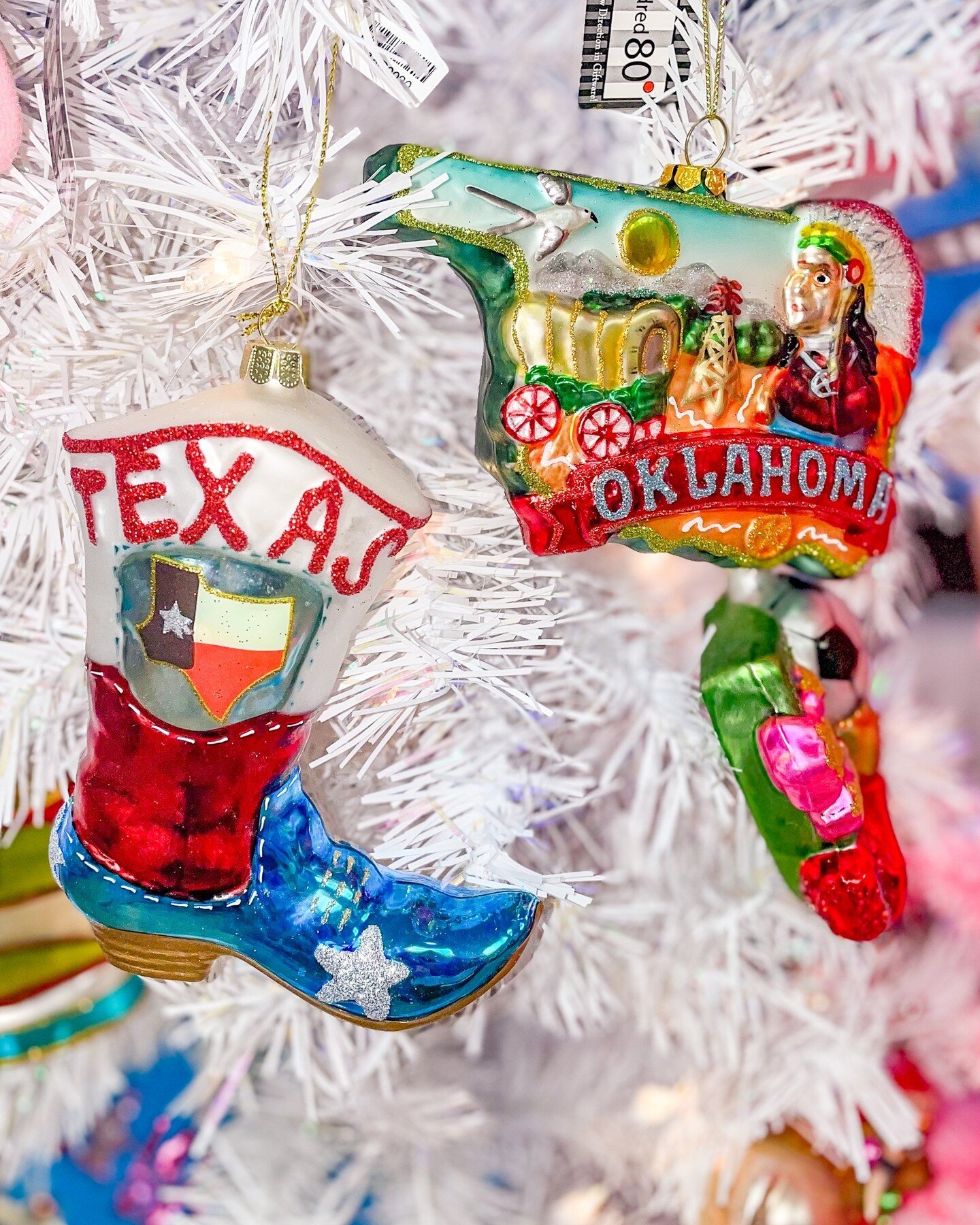 The ultimate rivalry. Show your state pride with these beautiful glass ornaments. They are great for ornament exchanges, or gifting to your favorite Texan or Oklahoman.⁠
⁠
Tap the tag to shop. 🧡🎄