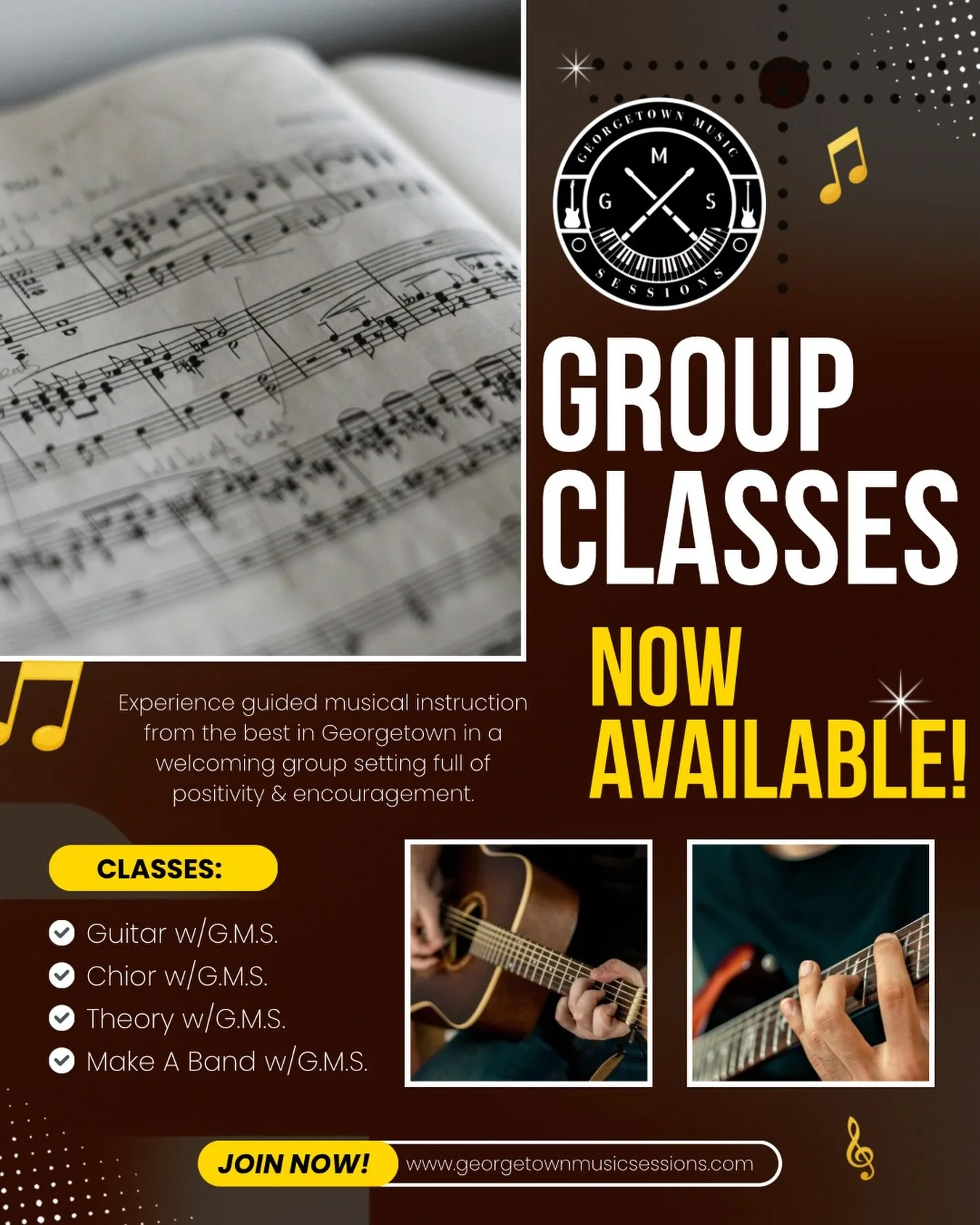 🎶BIG NEWS from Georgetown Music Sessions! 🎶

We&rsquo;re excited to finally announce our NEW Group Classes designed to help musicians of all ages learn, grow, and create together!

🎸 Guitar w/G.M.S.
Start as an absolute beginner, learn new songs, 