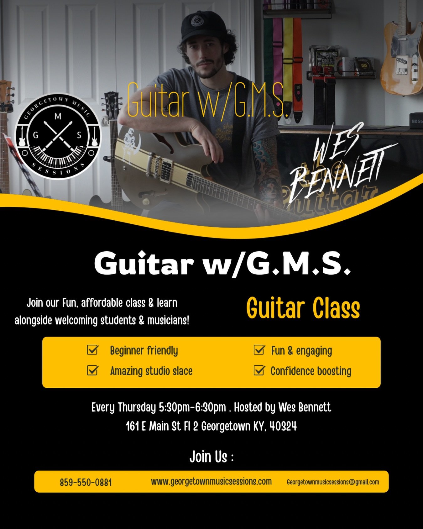 ONE WEEK AWAY! 🎸 Guitar w/G.M.S. 🎸🎉

Ready to learn guitar or take your skills to the next level? Join Guitar w/G.M.S. with Wes Bennett at Georgetown Music Sessions!

📅 Every Thursday
⏰ 5:30 PM &ndash; 6:30 PM

Whether you&rsquo;re a beginner or 