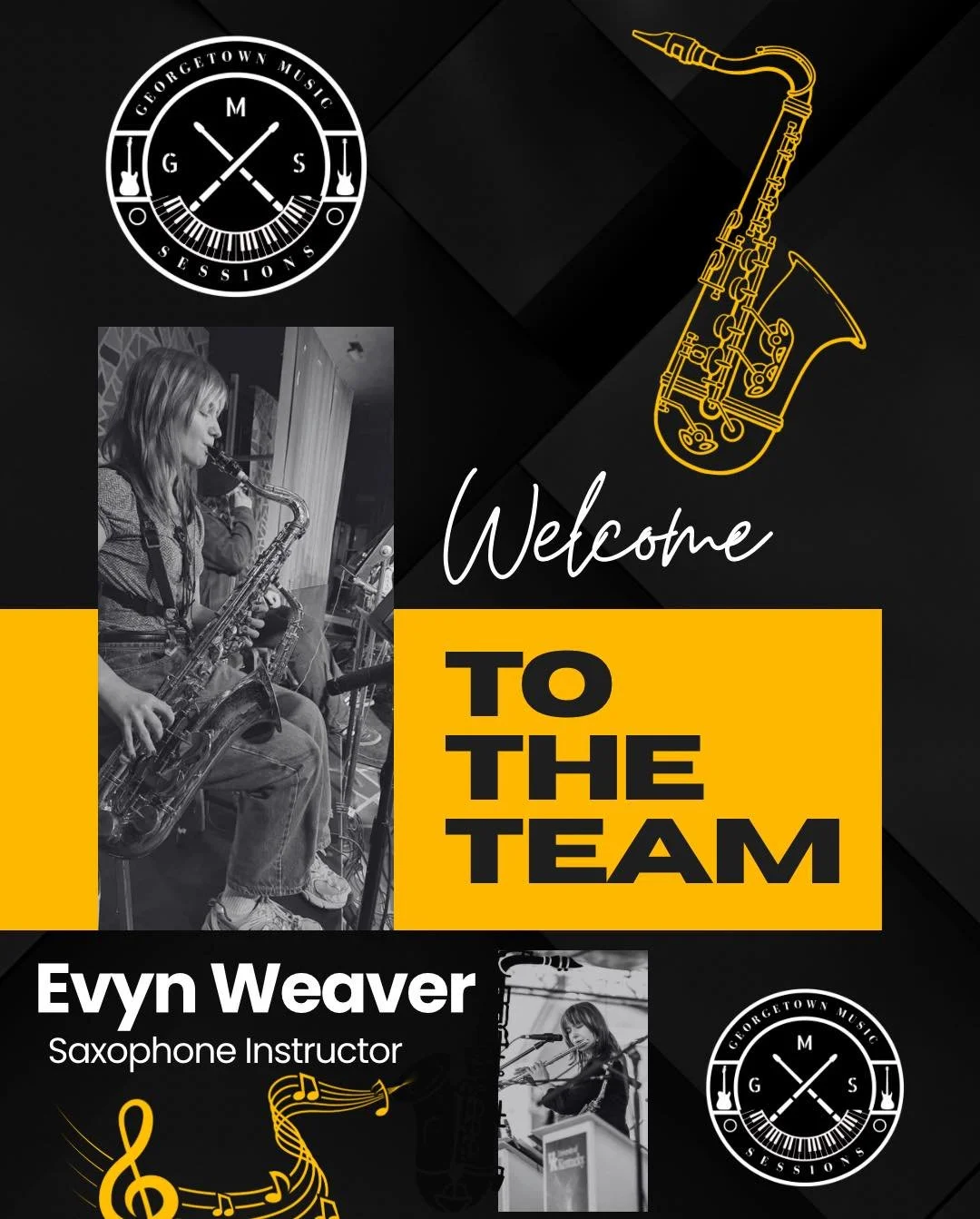 🎷 BIG NEWS FROM GEORGETOWN MUSIC SESSIONS! 🎷

Please join us in welcoming our newest instructor, Evyn Weaver, to the Georgetown Music Sessions family! 🙌🏻

We are super excited to finally announce that we are now offering Saxophone Lessons for stu