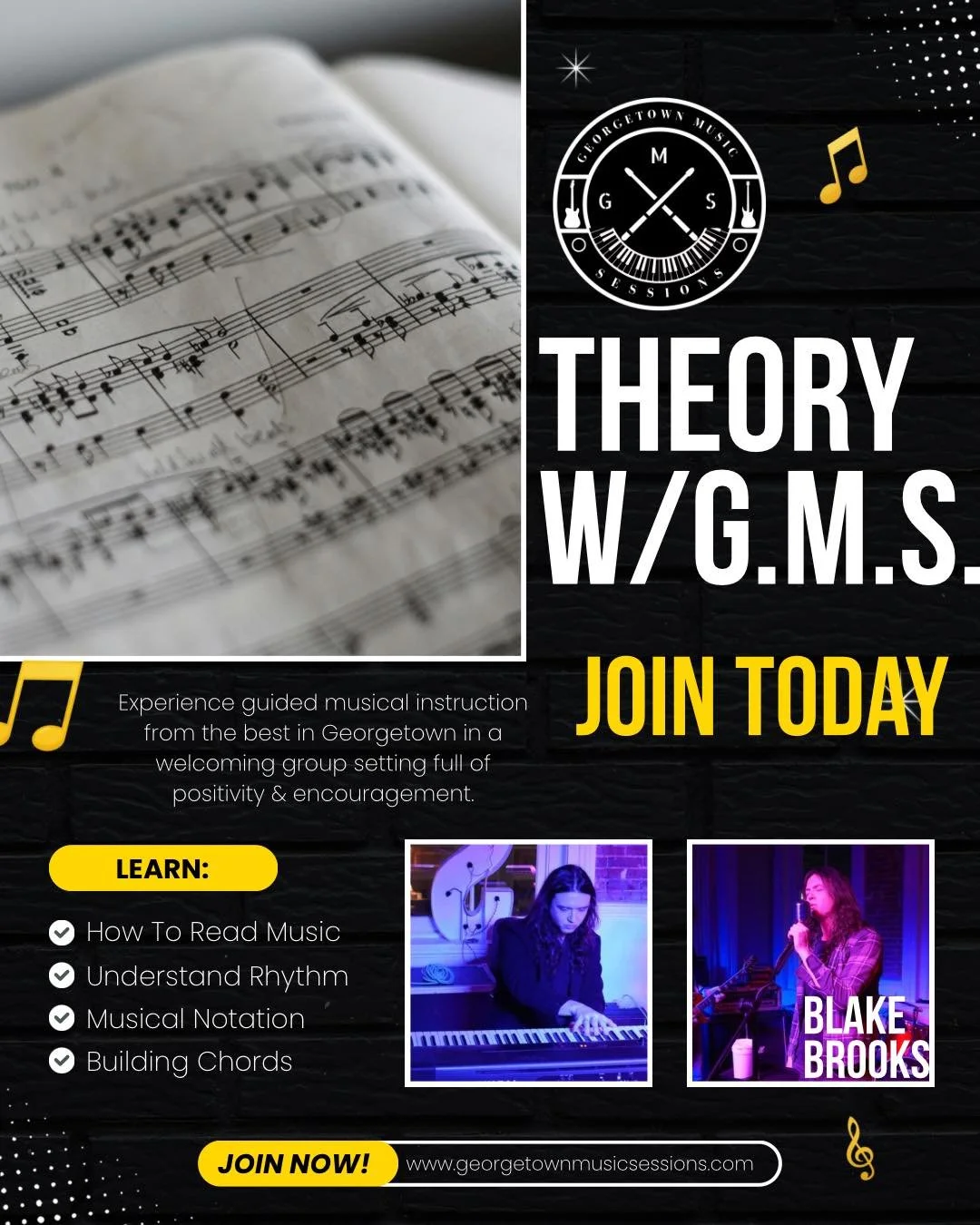 🎼 Theory w/G.M.S. starts in 3 days! 🎼

Join us Saturdays from 5:00 PM &ndash; 6:00 PM at Georgetown Music Sessions and learn the building blocks of music, including notes, rhythms, chords, scales, and more!

Whether you&rsquo;re a beginner or looki