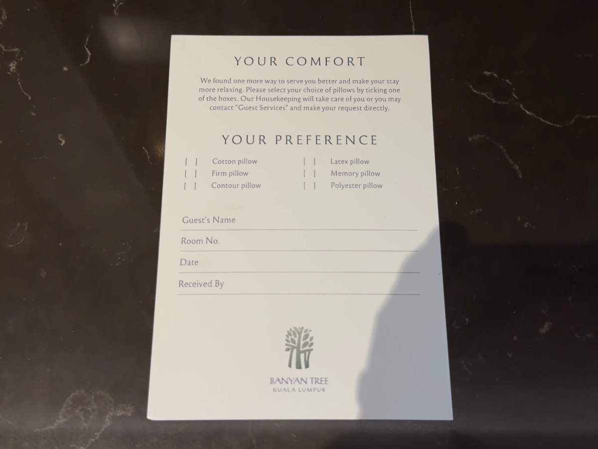 Banyan Tree Kuala Lumpur pillow menu