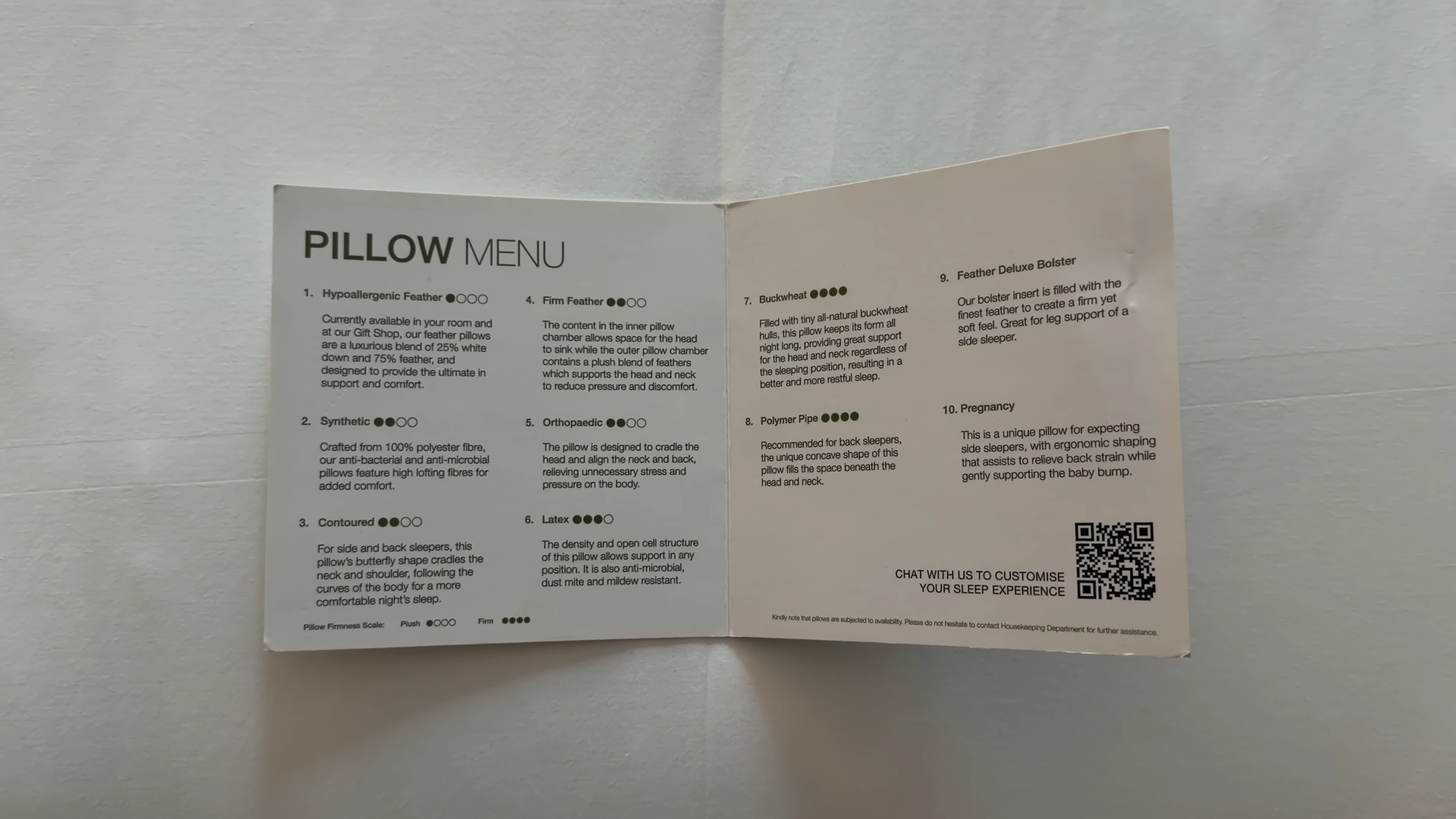 Four Seasons Singapore different options of pillow menu