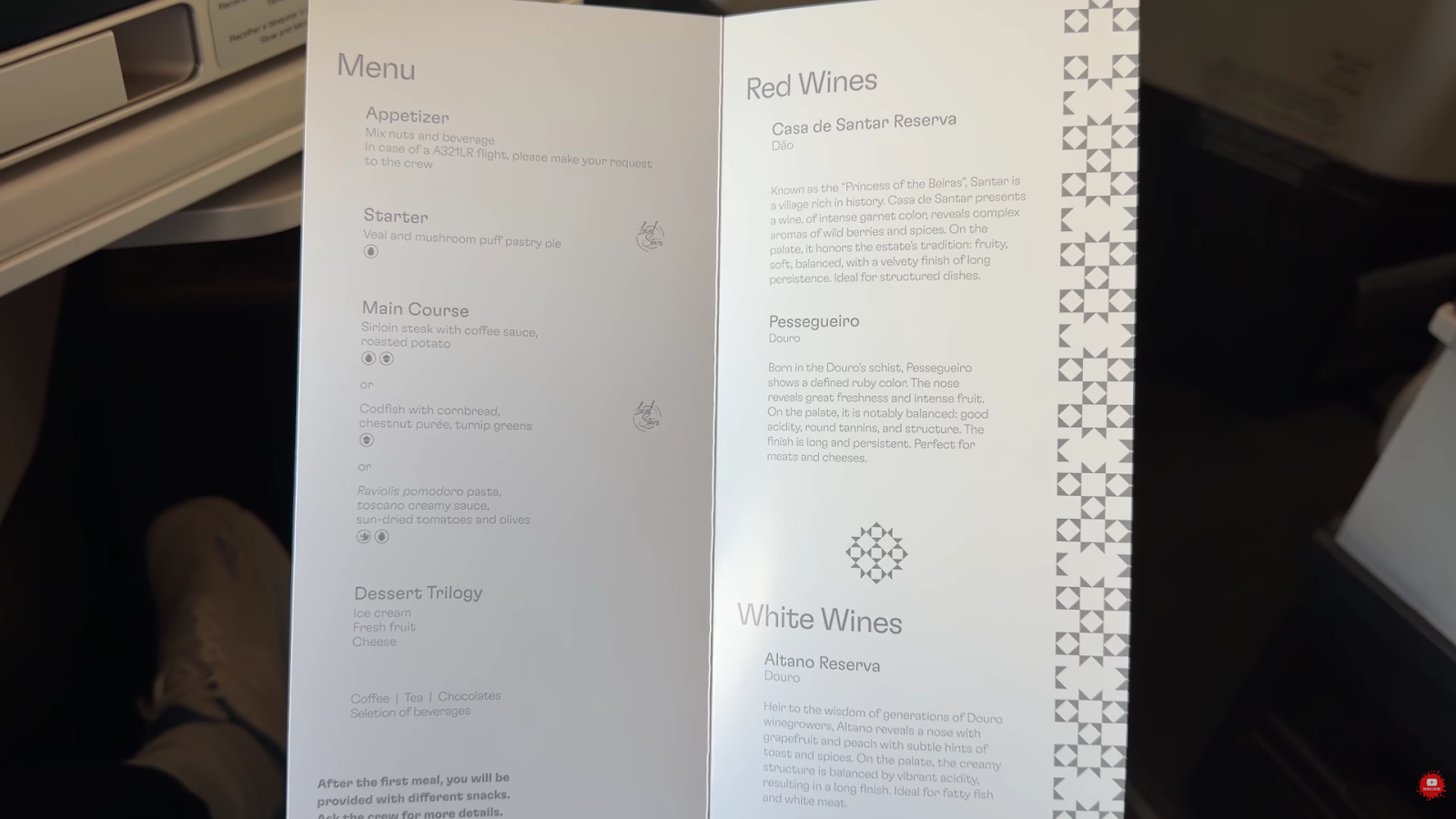 TAP Portugal A330-900 business class menu