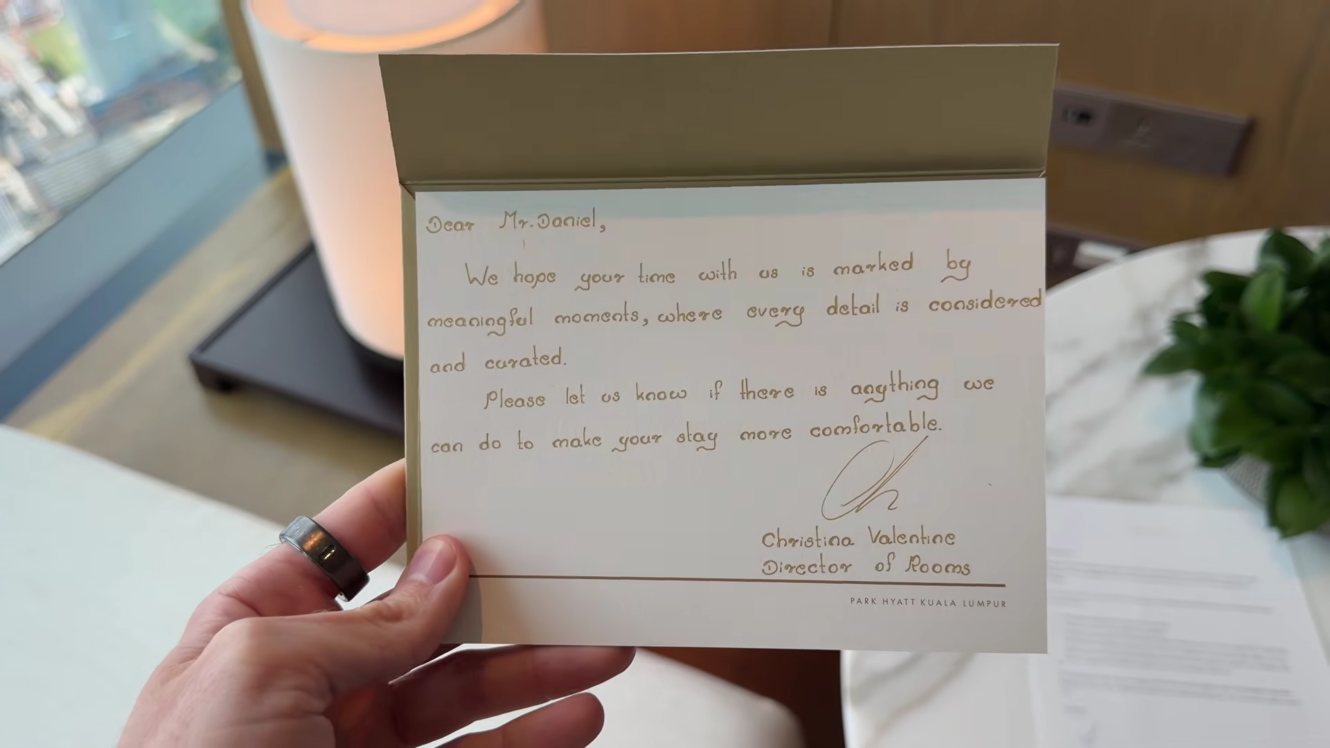 Park Hyatt Kuala Lumpur welcome note