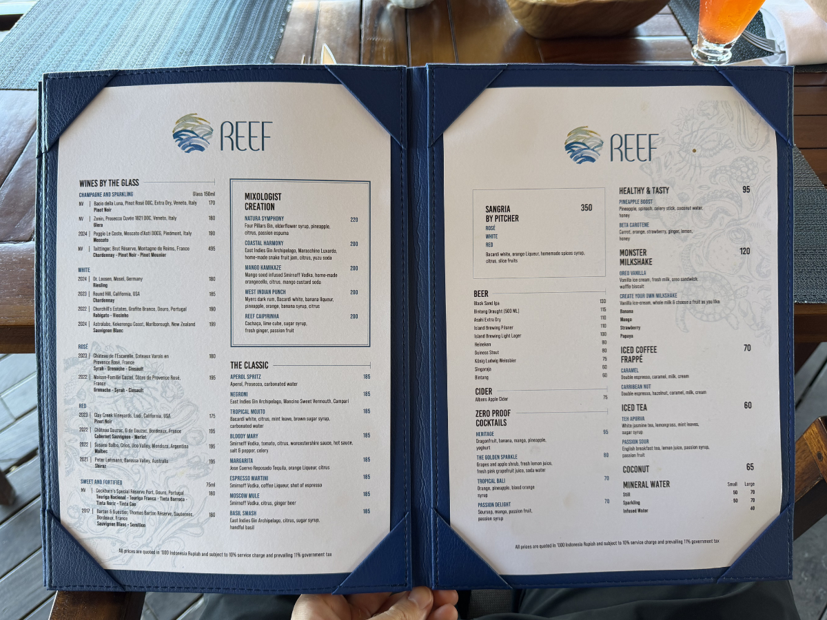 The Apurva Kempinski Bali reef beach club menu