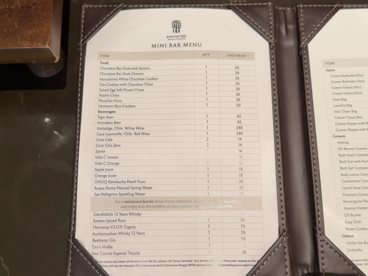 Banyan Tree Kuala Lumpur room 5605 minibar snacks