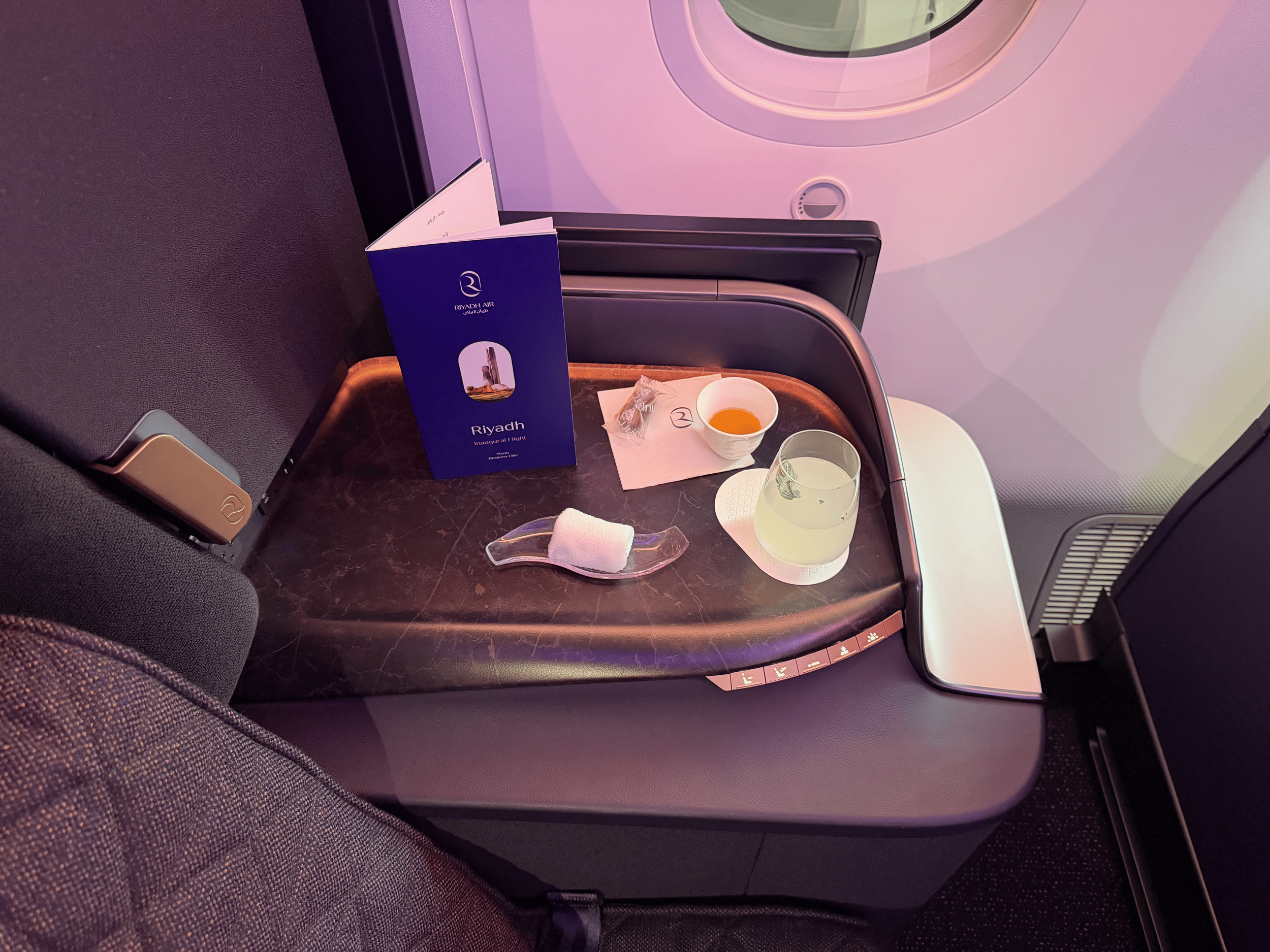 Riyadh Air 787-9 business class pre departure drinks