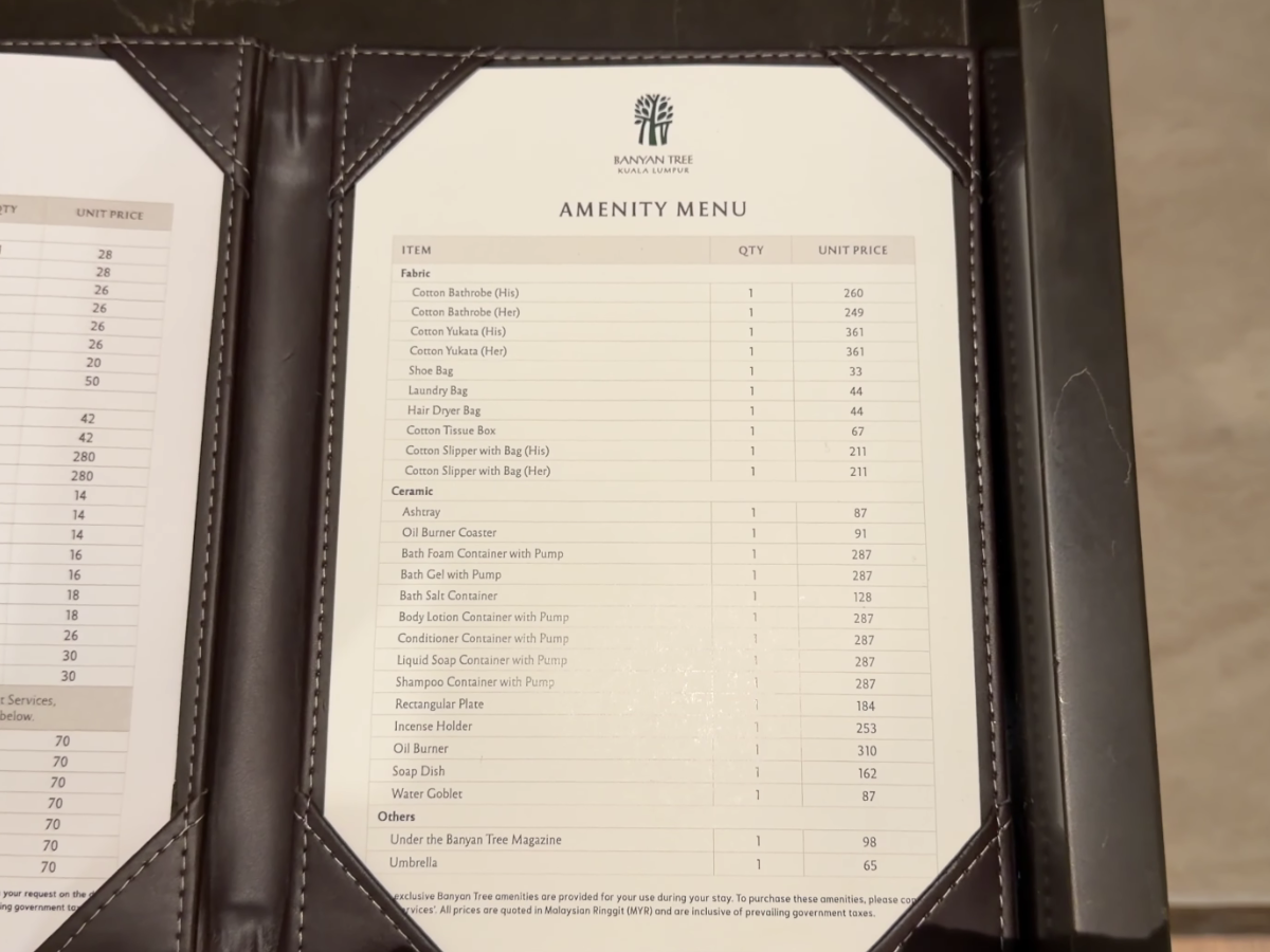 Banyan Tree Kuala Lumpur room 5605 amenity menu