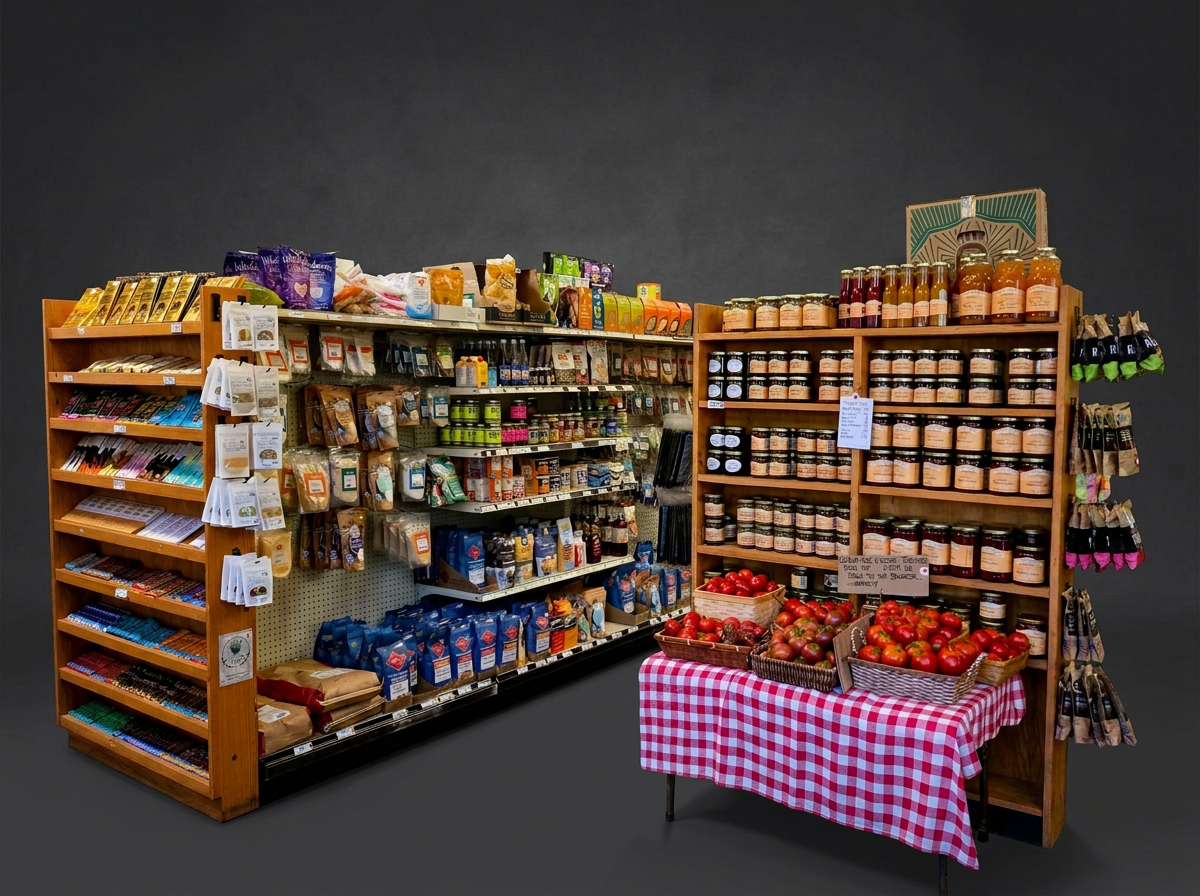 Wooden shelves stocked with pantry goods beside a table with a red checked cloth.