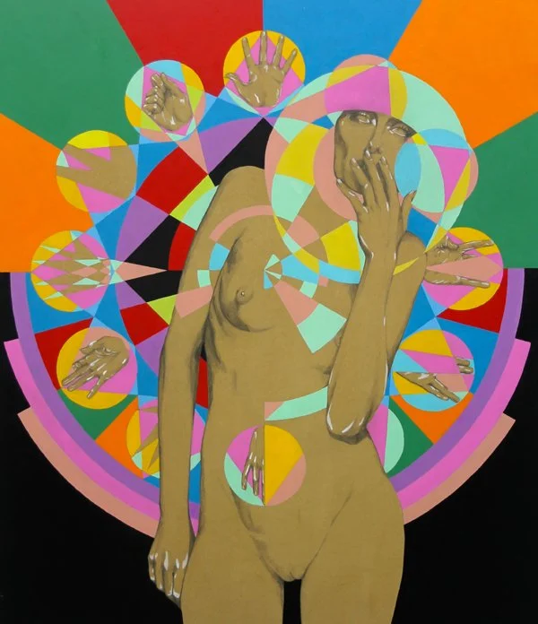 Abstract artwork featuring a nude figure surrounded by colorful geometric shapes and hands, with a vibrant background of triangles and circles.