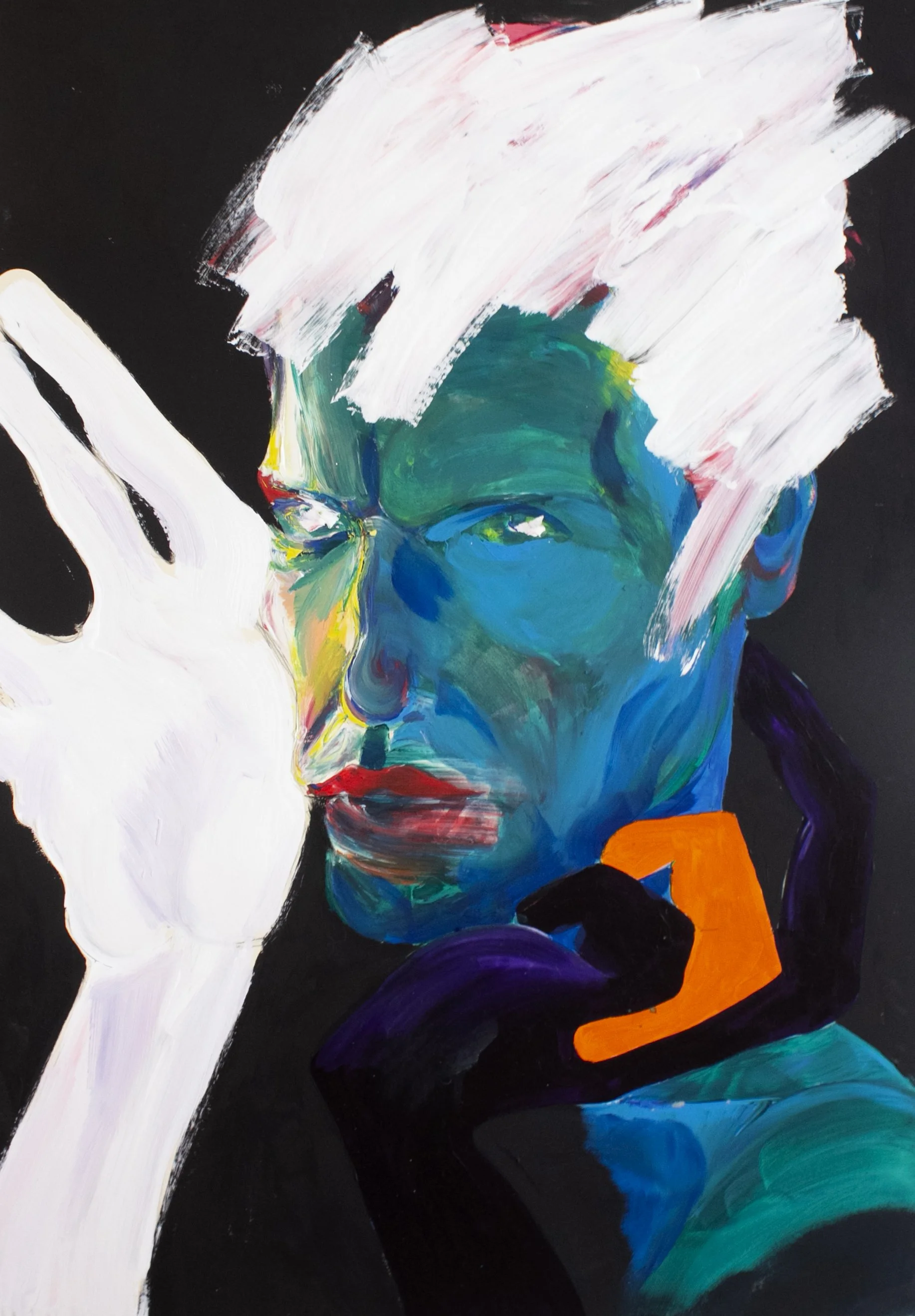 Abstract painting of a colorful face with white hair and vivid colors including blue, green, and orange on a black background.