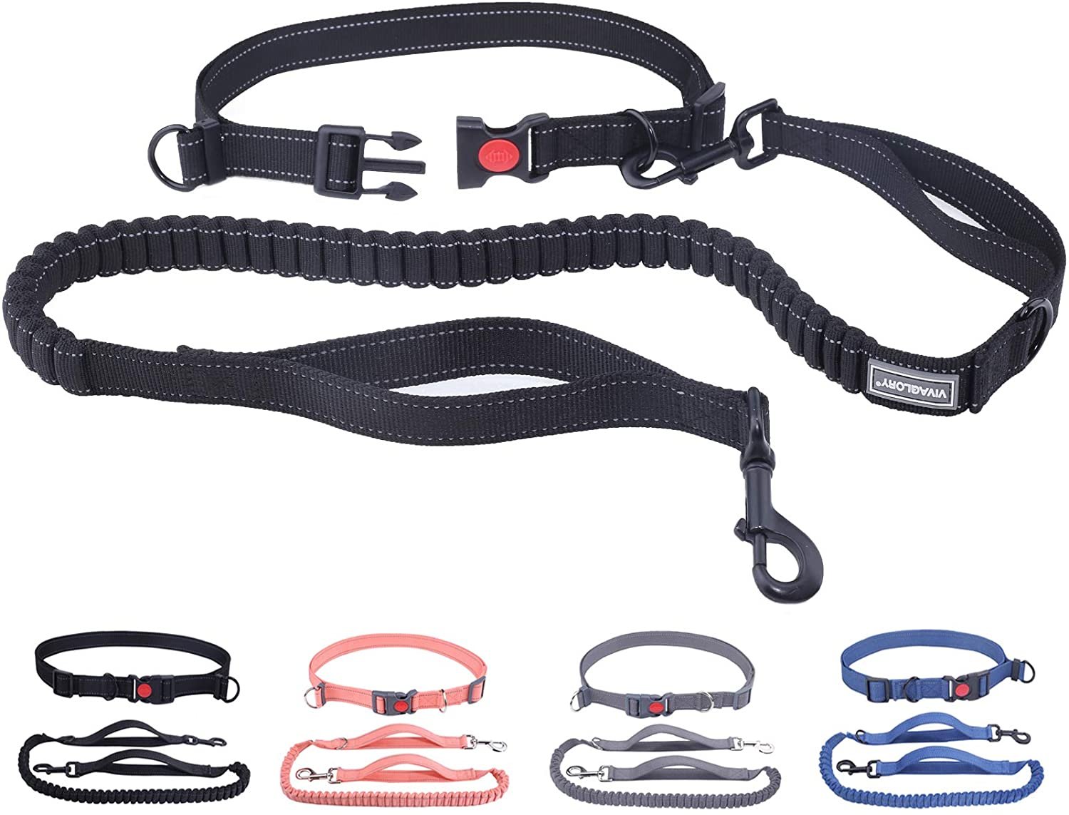 Double Handle Reflective Waist Leash for Training Running Walking Fits Waist from 32½ to 58 inch VIVAGLORY Hands Free Dog Leash with Dual Wavelength Bungees for Medium Large Dogs Black 