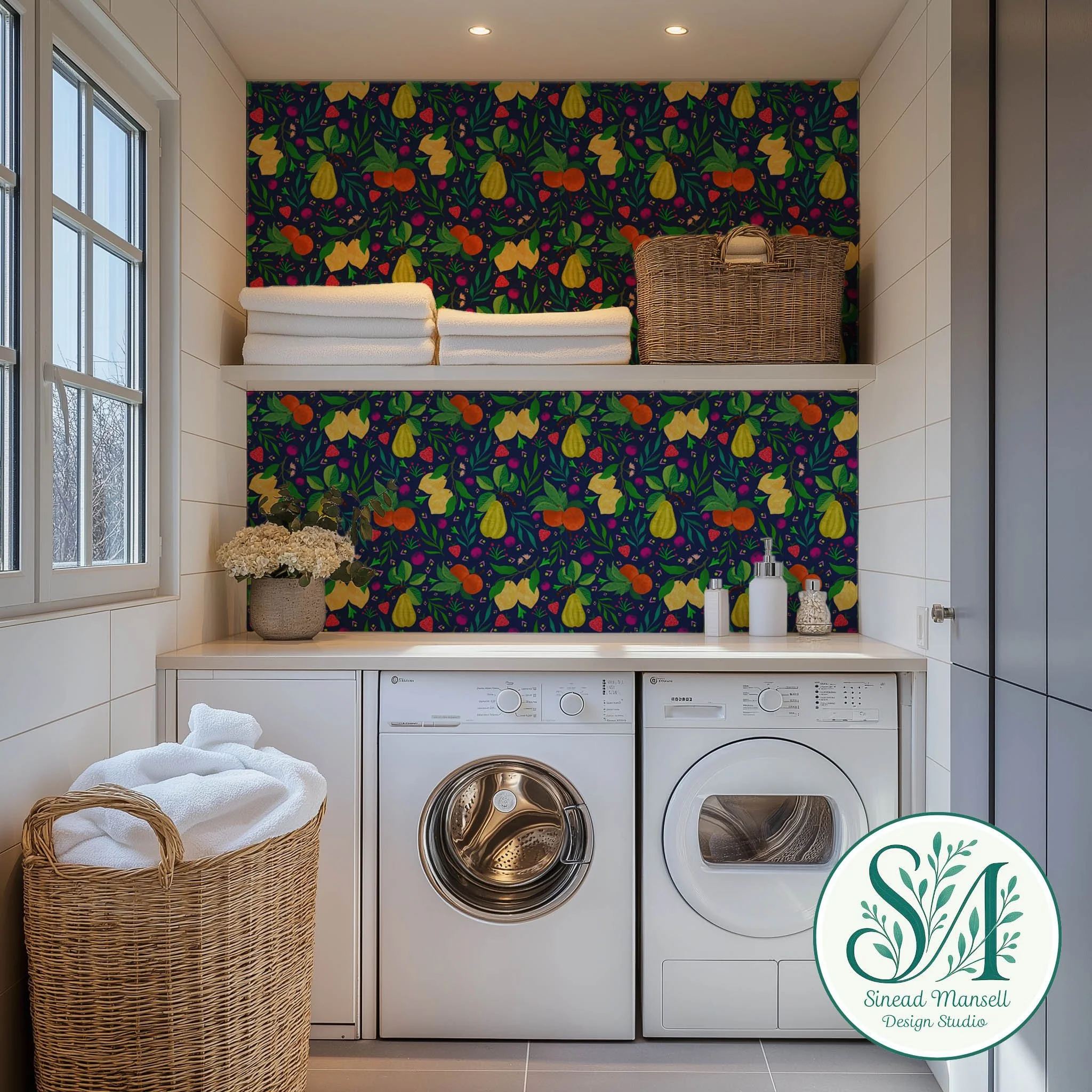 Fruit on dark blue Wallpaper_modern_laundry_room.jpg