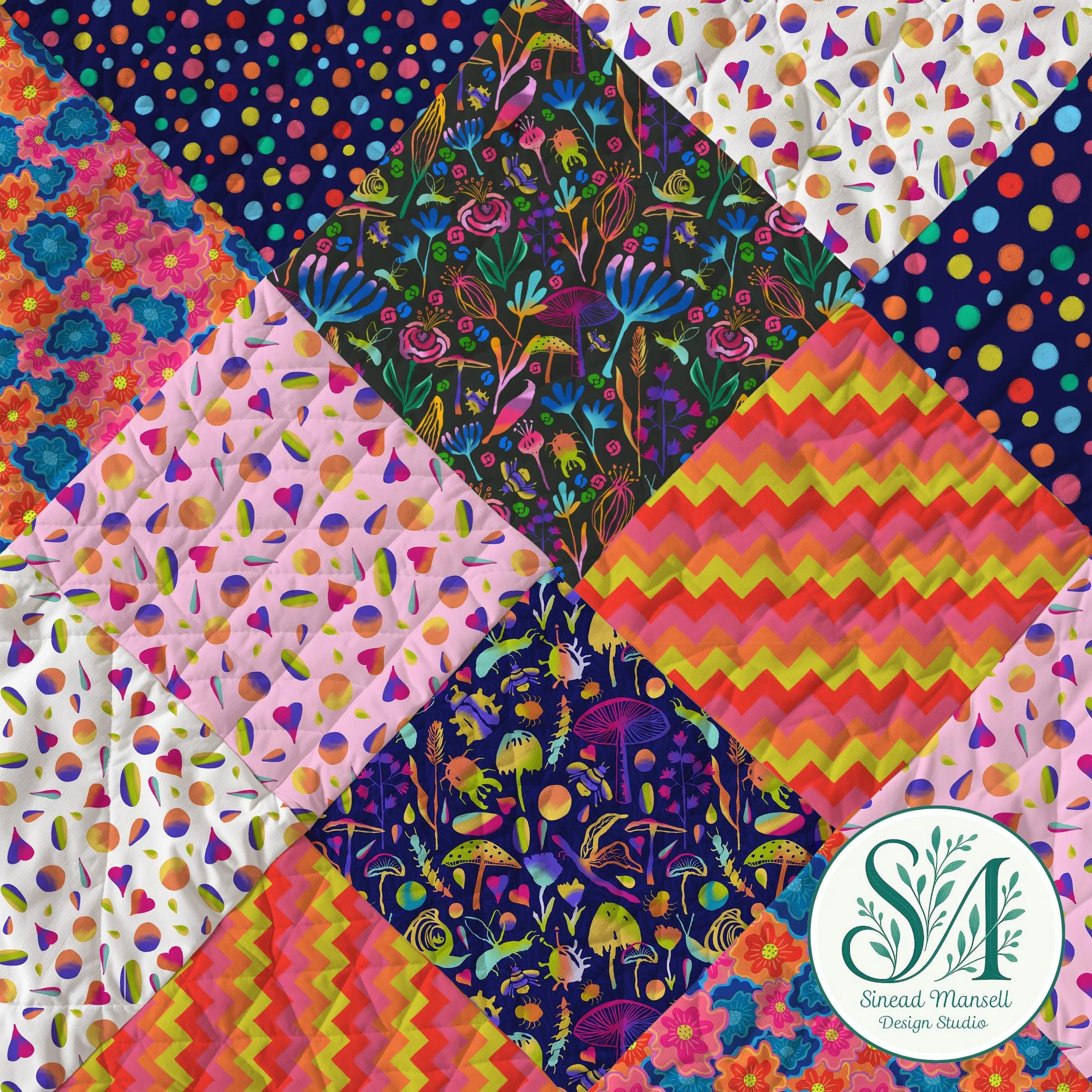 A collage of various colorful fabric patterns, including polka dots, floral designs, and abstract shapes, with a circular logo reading 'Sinead Mansell Design Studio' in the bottom right corner.