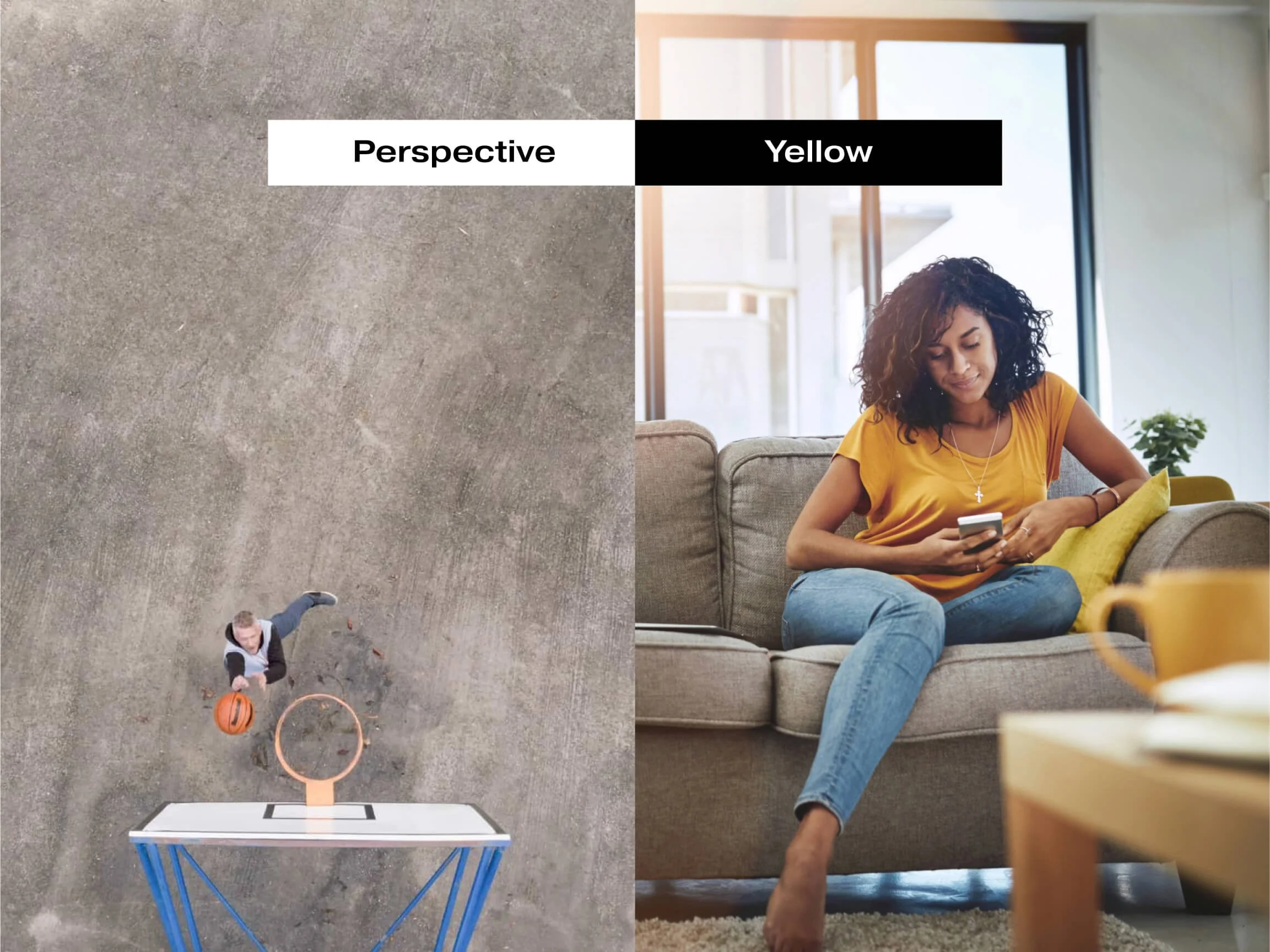 Comparison of perspectives: On the left, an aerial view of a person playing basketball outdoors on a concrete surface. On the right, a woman sitting on a couch indoors, using her phone.